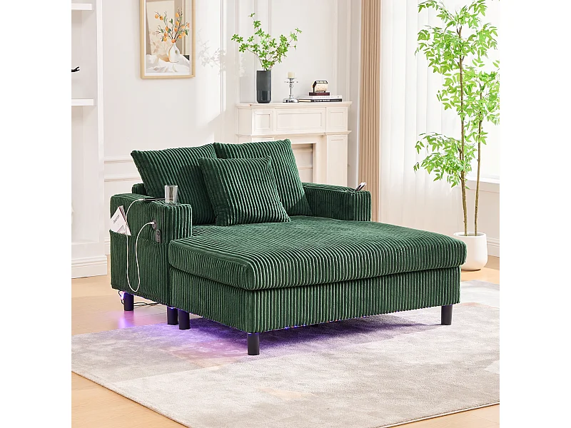 Lounge-Sofa aus grünem Plüsch mit USB-Anschluss, LED-Beleuchtung und Getränkehaltern