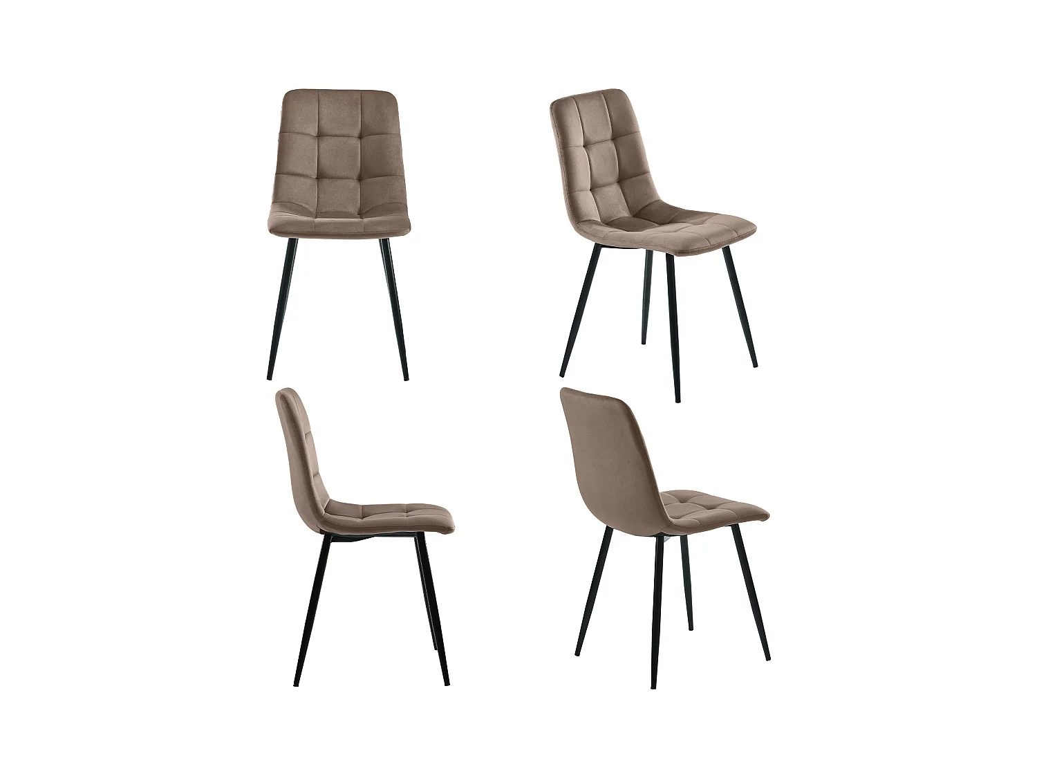 Set van 4 eetkamerstoelen in bruin fluweel met rugleuning en metalen frame