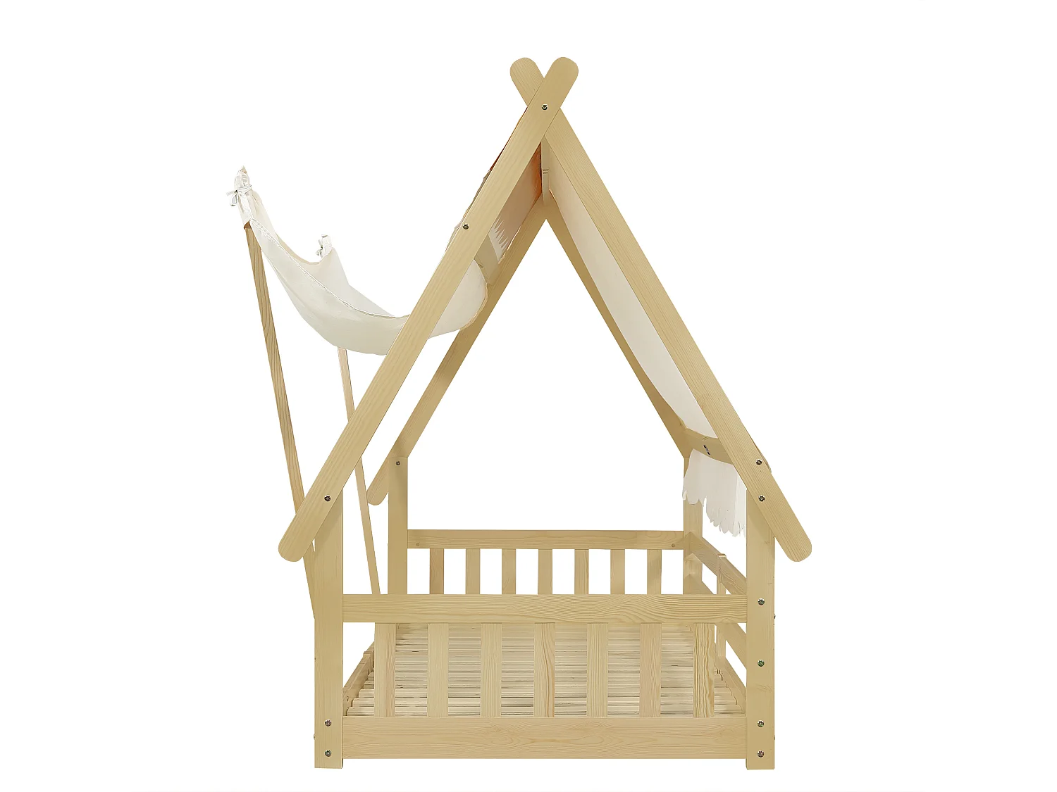 Lit cabane 90x200 cm avec sommier à lattes et ciel de lit amovible, coloris naturel - sans matelas