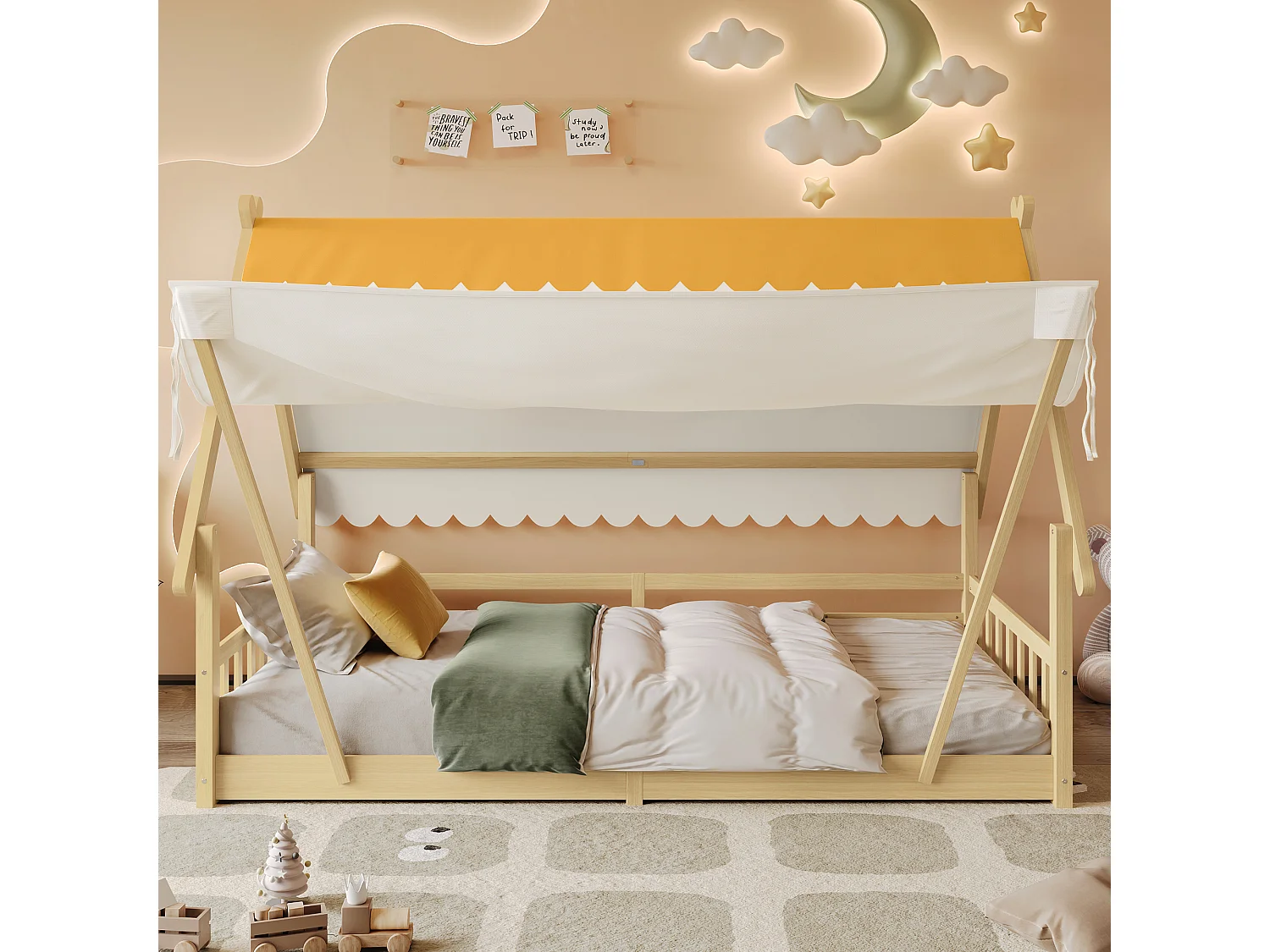 Kinderbett 90x200 cm mit Lattenrost und abnehmbarem Himmel, naturfarben - ohne Matratze