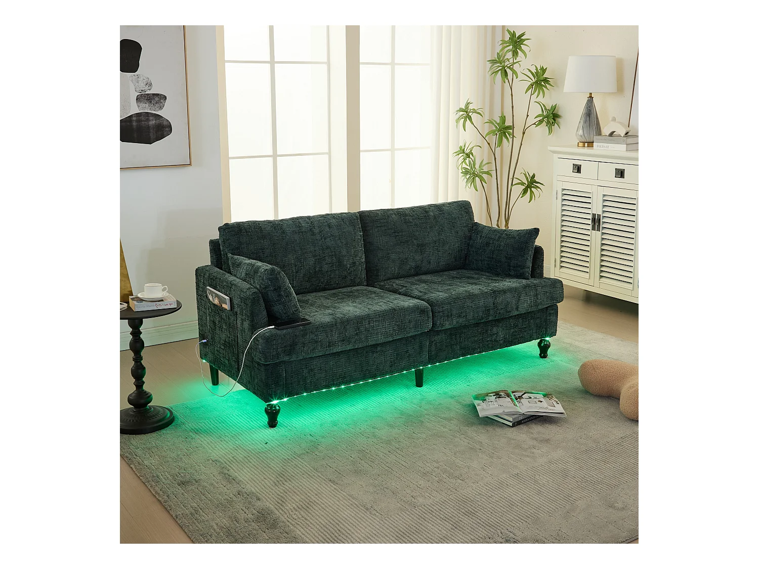 Canapé 2 places avec éclairage LED et port USB, pieds en bois - tissu chenille vert foncé