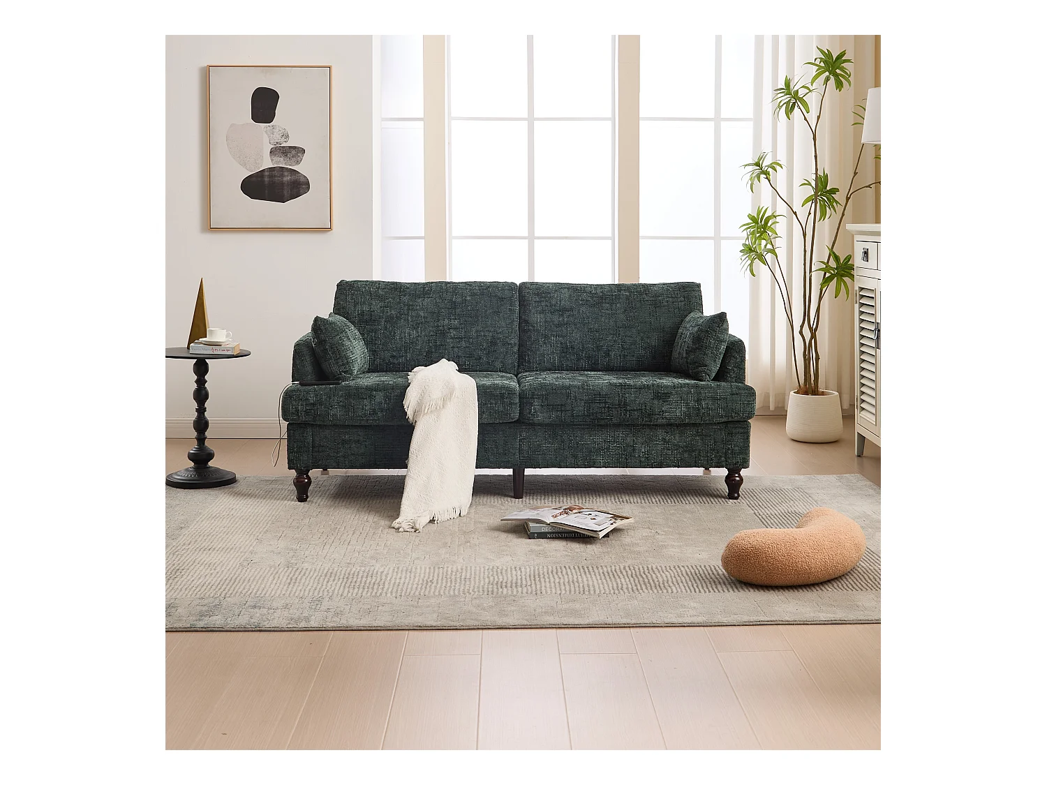 Canapé 2 places avec éclairage LED et port USB, pieds en bois - tissu chenille vert foncé