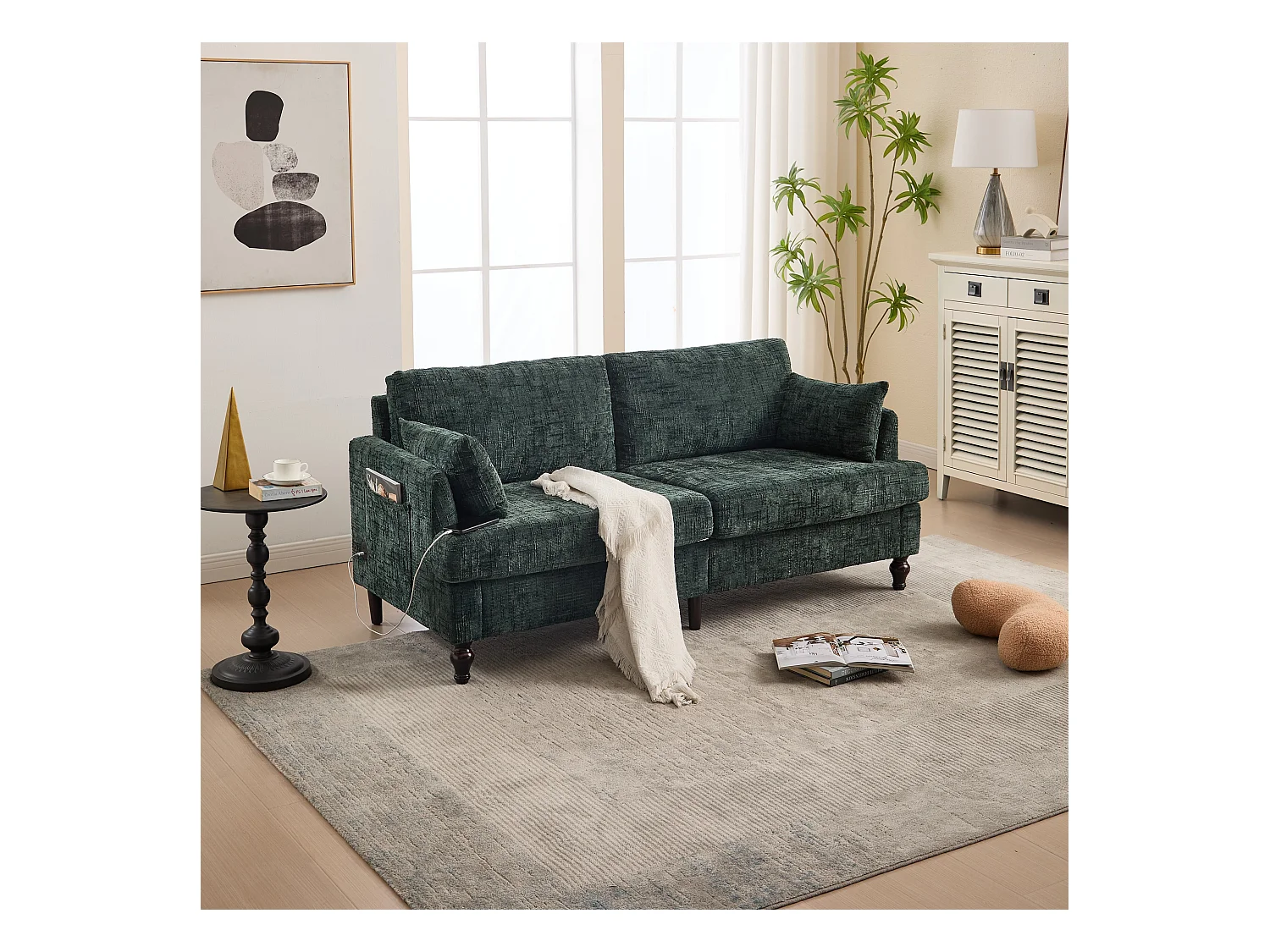 Canapé 2 places avec éclairage LED et port USB, pieds en bois - tissu chenille vert foncé