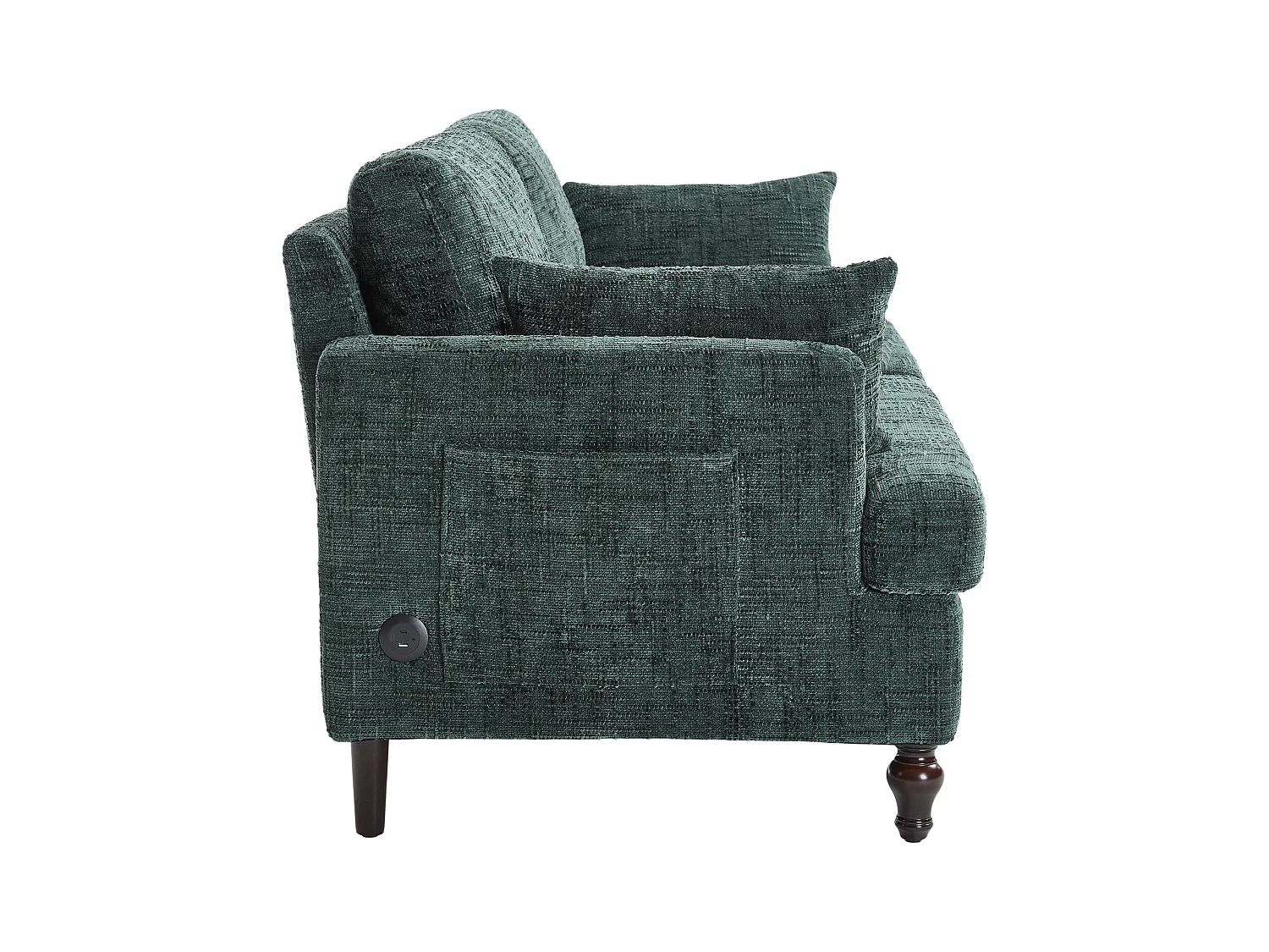 Canapé 2 places avec éclairage LED et port USB, pieds en bois - tissu chenille vert foncé