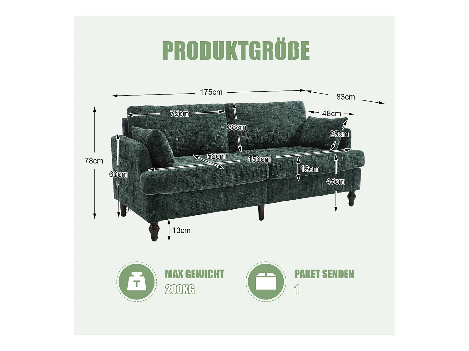 Canapé 2 places avec éclairage LED et port USB, pieds en bois - tissu chenille vert foncé