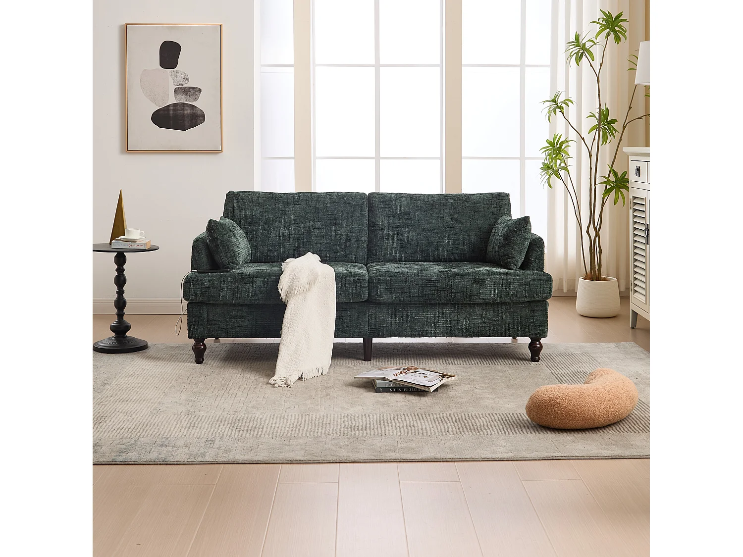 2-Sitzer-Sofa mit LED-Beleuchtung und USB-Anschluss, Holzfüße - Chenille-Stoff dunkelgrün