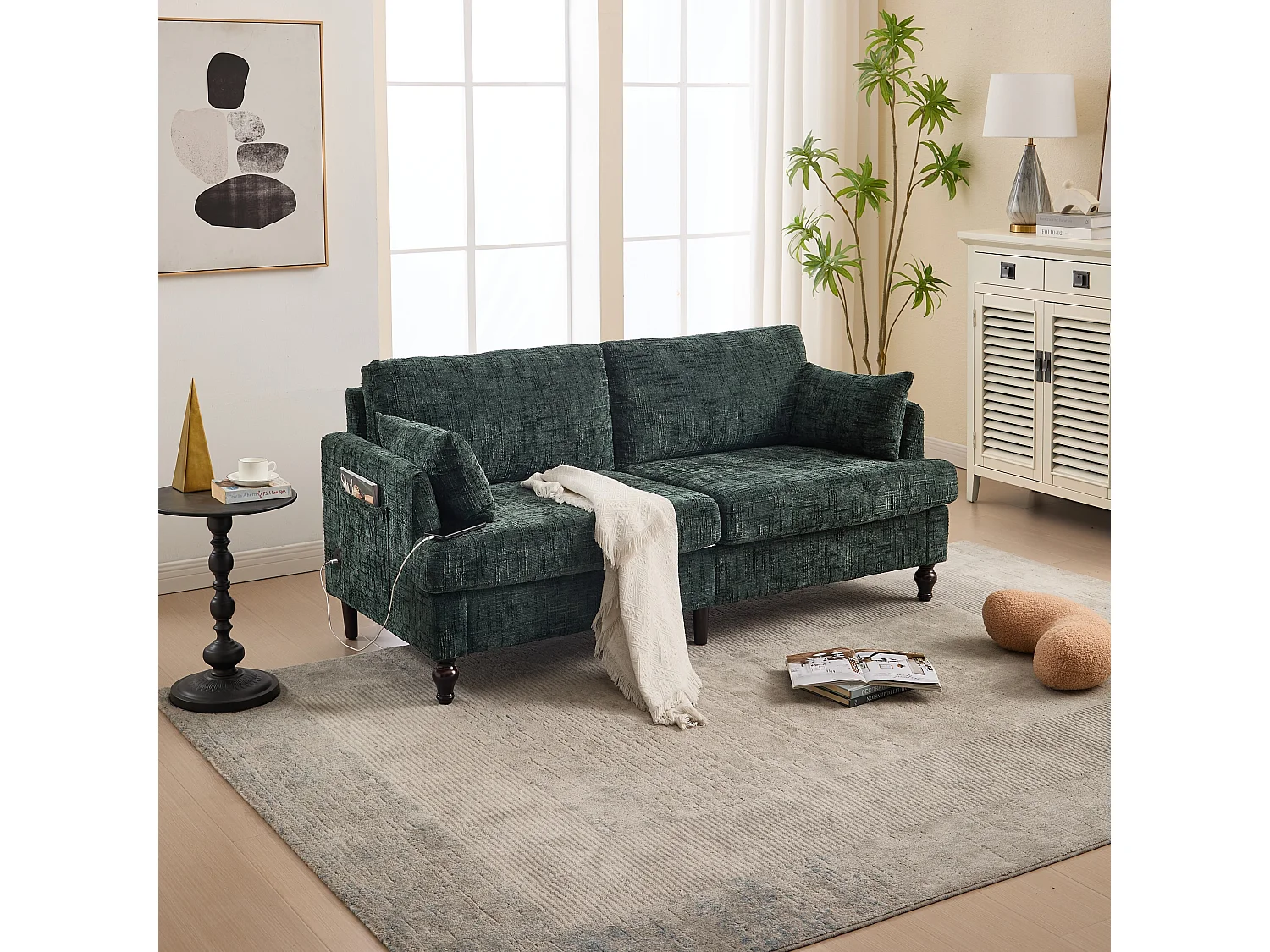 2-Sitzer-Sofa mit LED-Beleuchtung und USB-Anschluss, Holzfüße - Chenille-Stoff dunkelgrün