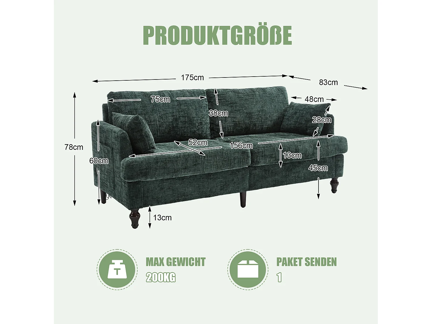 2-Sitzer-Sofa mit LED-Beleuchtung und USB-Anschluss, Holzfüße - Chenille-Stoff dunkelgrün
