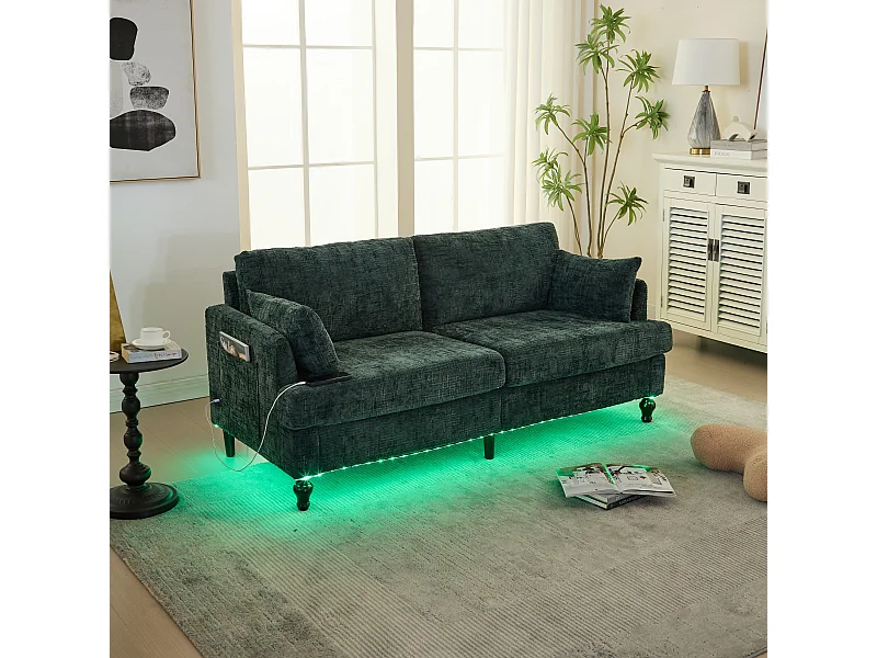 2-zitsbank met LED-verlichting en USB-poort, houten poten - donkergroene chenillestof