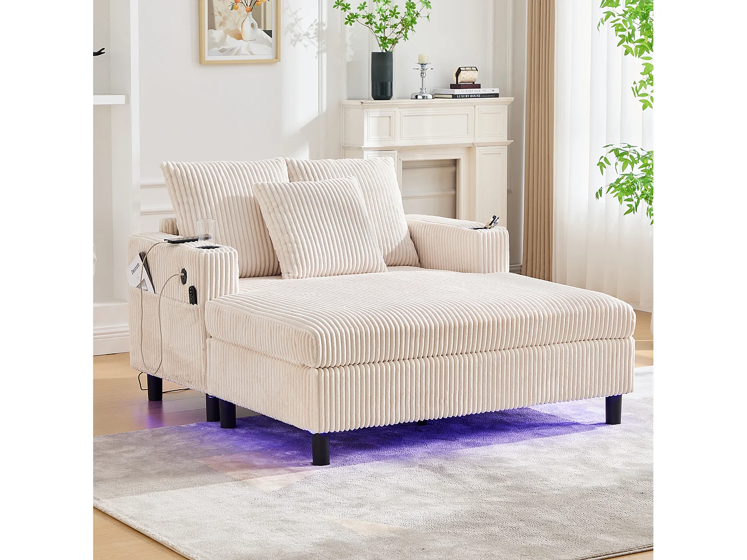 Canapé lounge en peluche beige avec port USB, éclairage LED et porte-gobelets