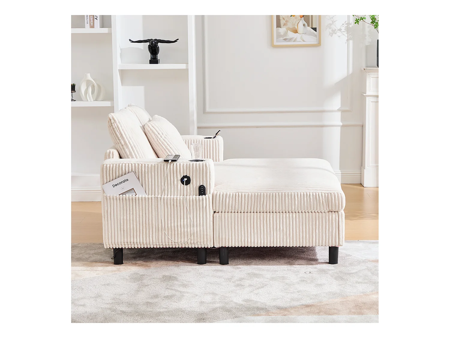 Canapé lounge en peluche beige avec port USB, éclairage LED et porte-gobelets