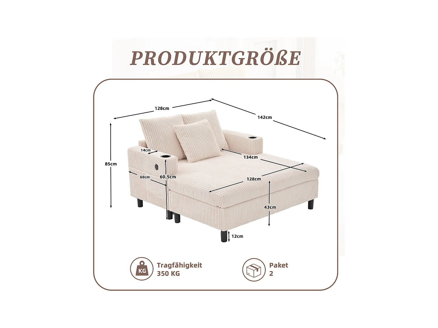 Canapé lounge en peluche beige avec port USB, éclairage LED et porte-gobelets