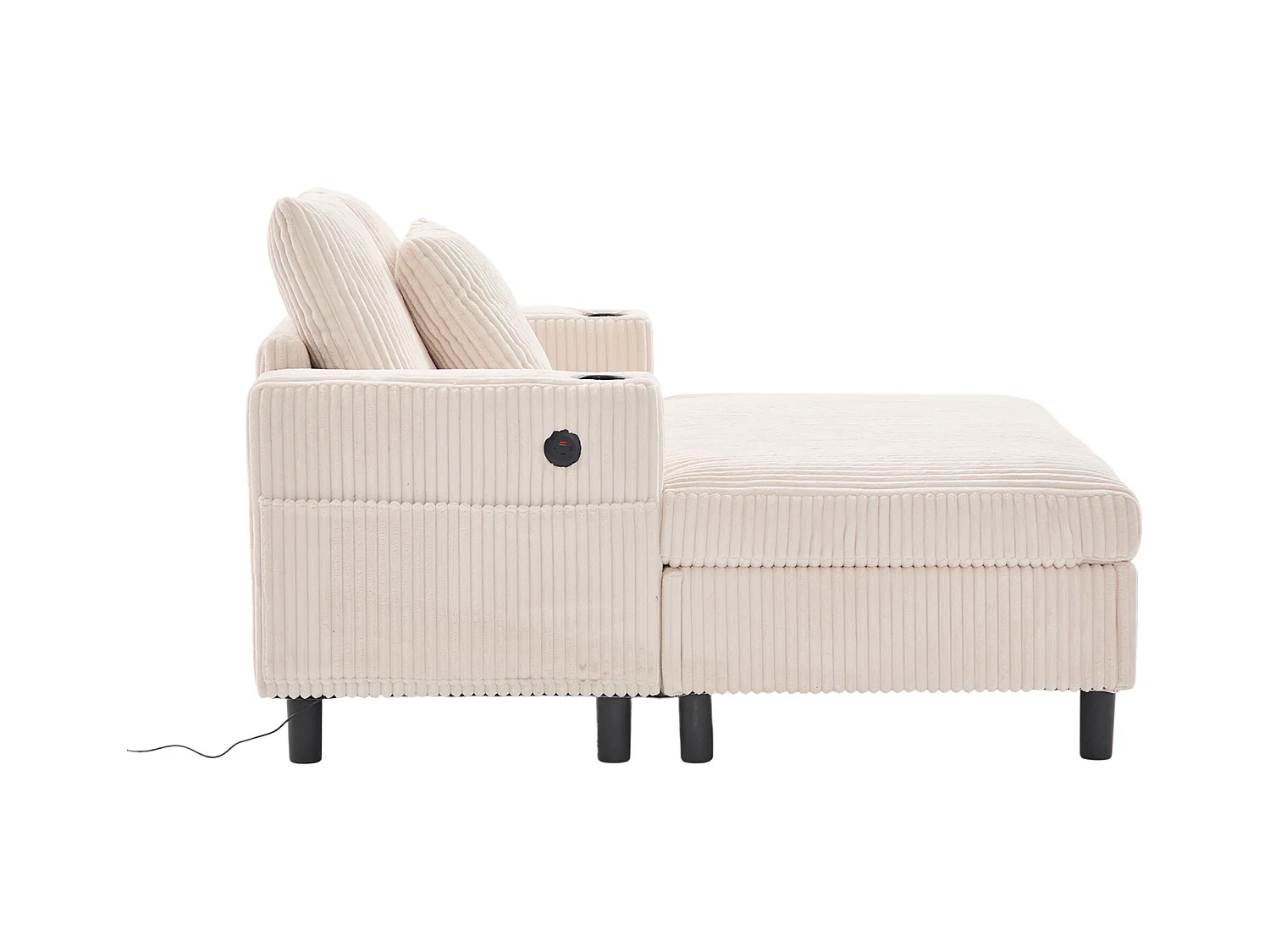 Canapé lounge en peluche beige avec port USB, éclairage LED et porte-gobelets
