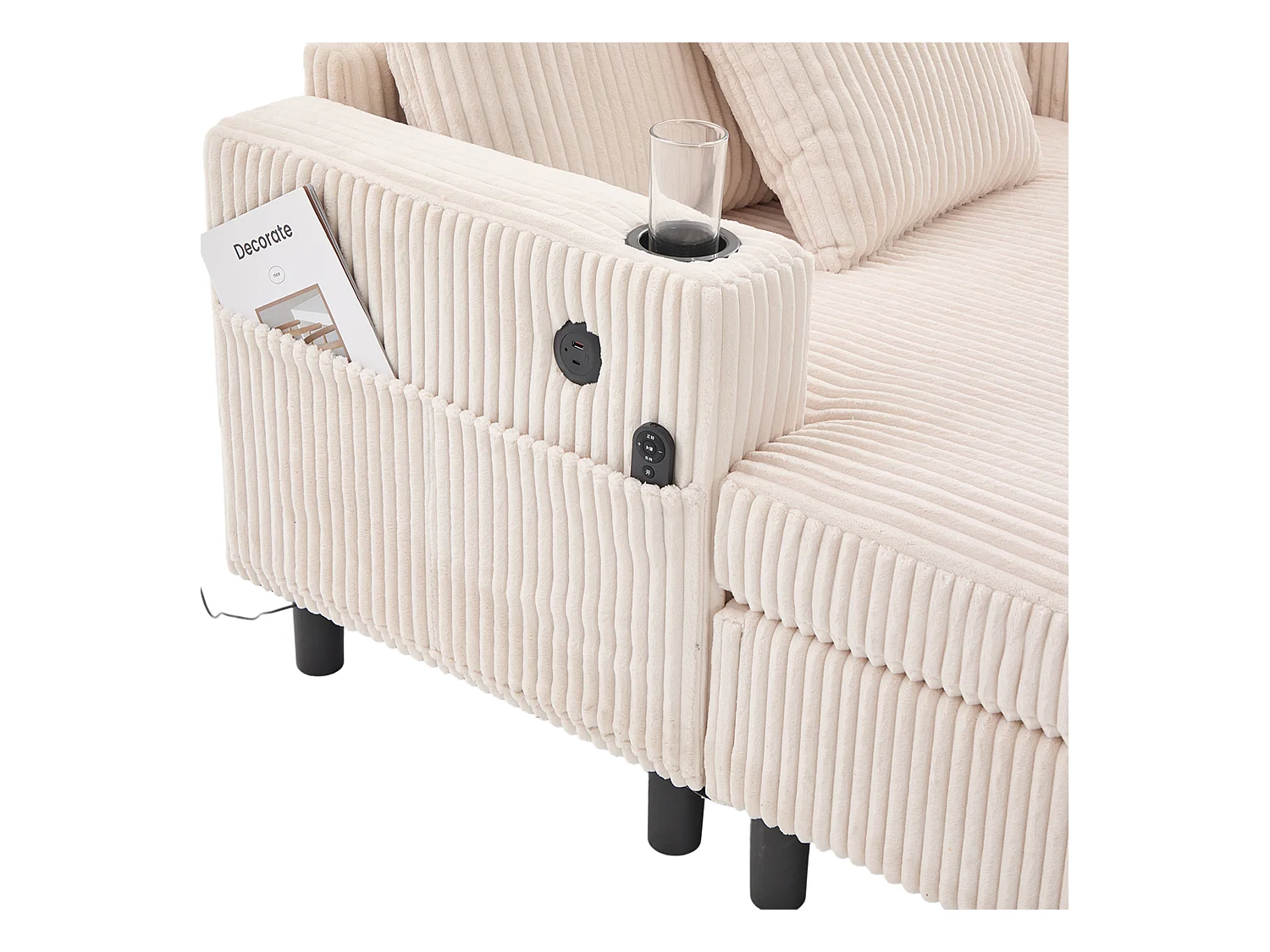 Canapé lounge en peluche beige avec port USB, éclairage LED et porte-gobelets