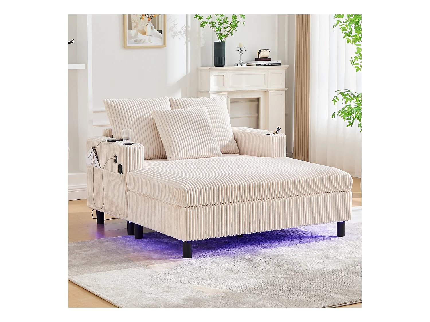 Canapé lounge en peluche beige avec port USB, éclairage LED et porte-gobelets
