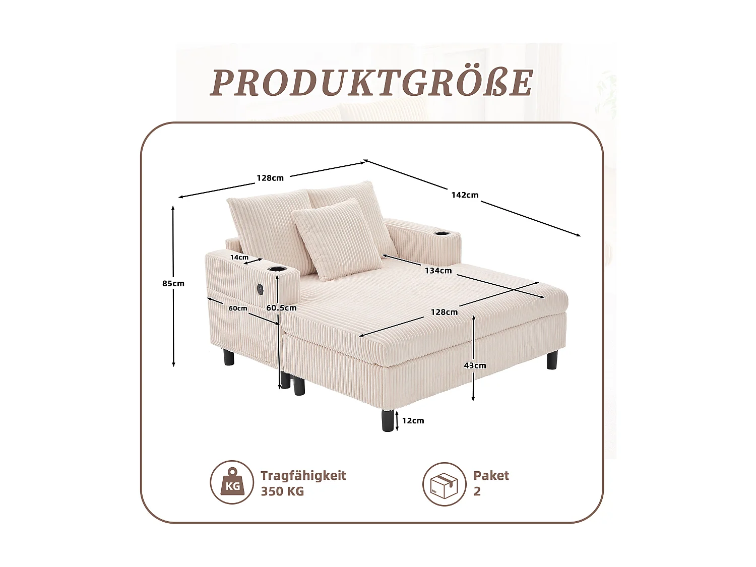 Canapé lounge en peluche beige avec port USB, éclairage LED et porte-gobelets