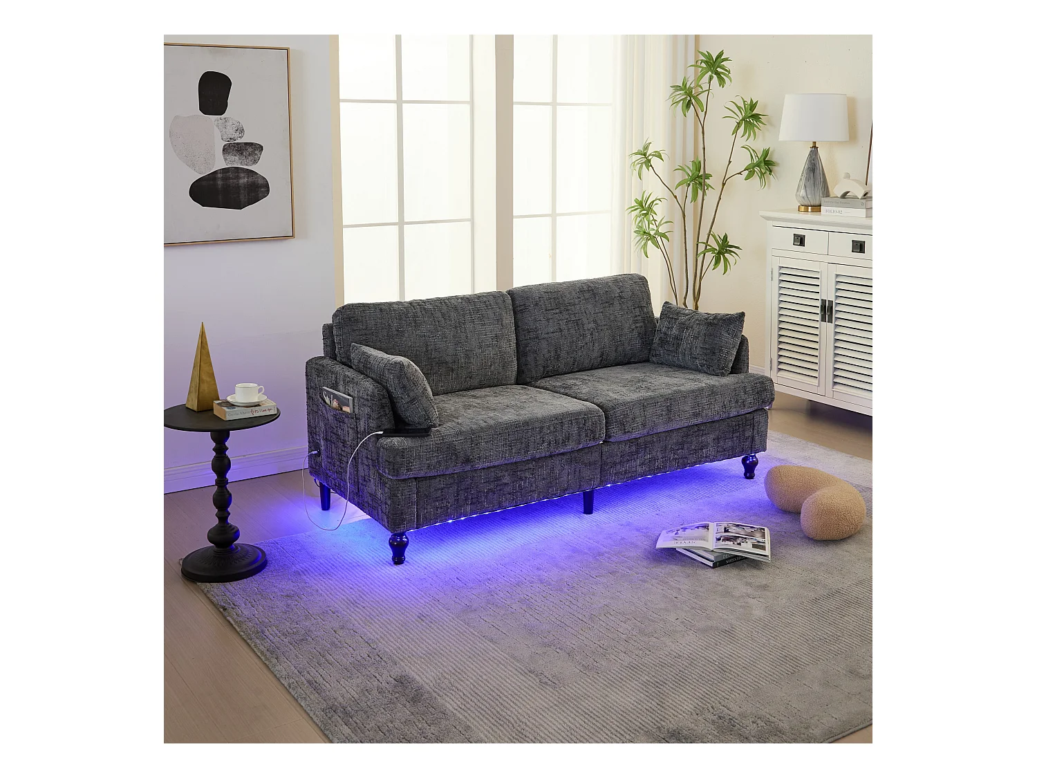Canapé 2 places avec éclairage LED et port USB, pieds en bois - tissu chenille gris