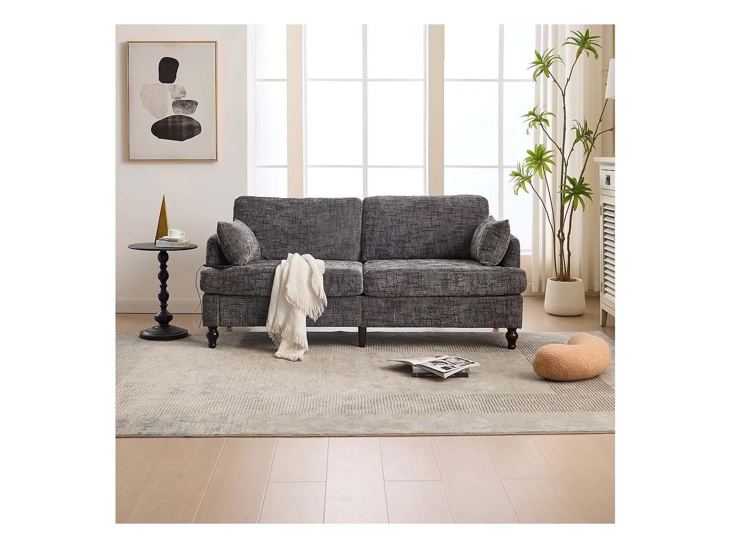 Canapé 2 places avec éclairage LED et port USB, pieds en bois - tissu chenille gris