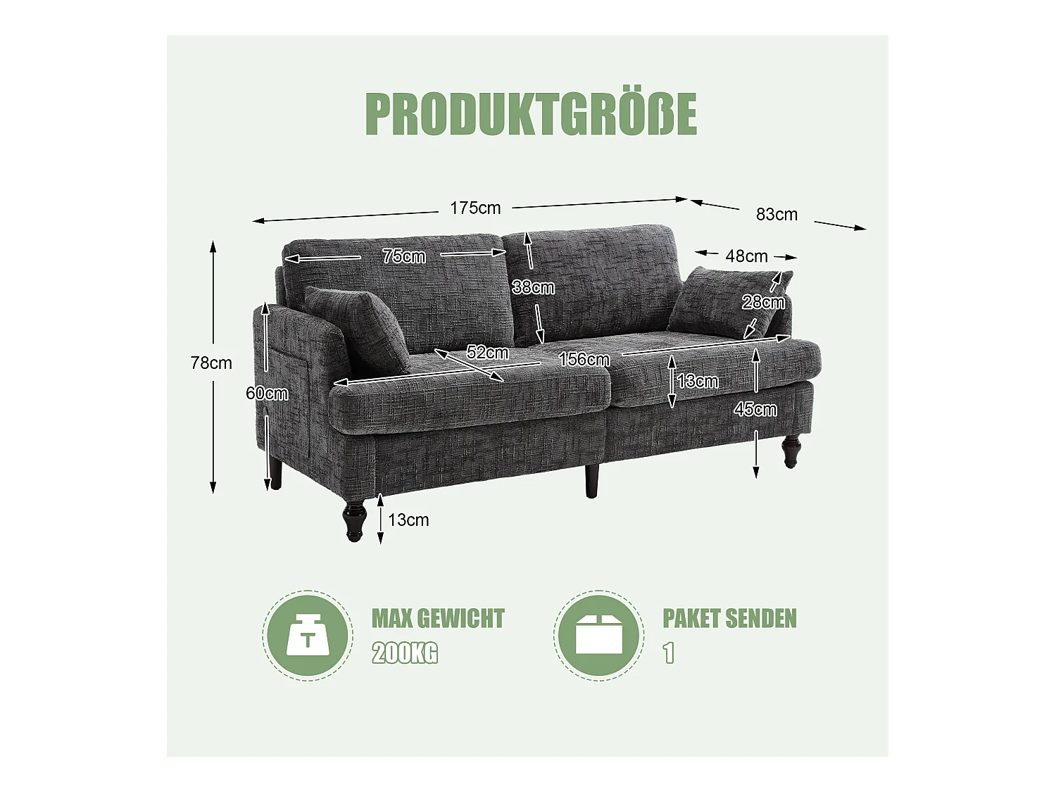 Canapé 2 places avec éclairage LED et port USB, pieds en bois - tissu chenille gris