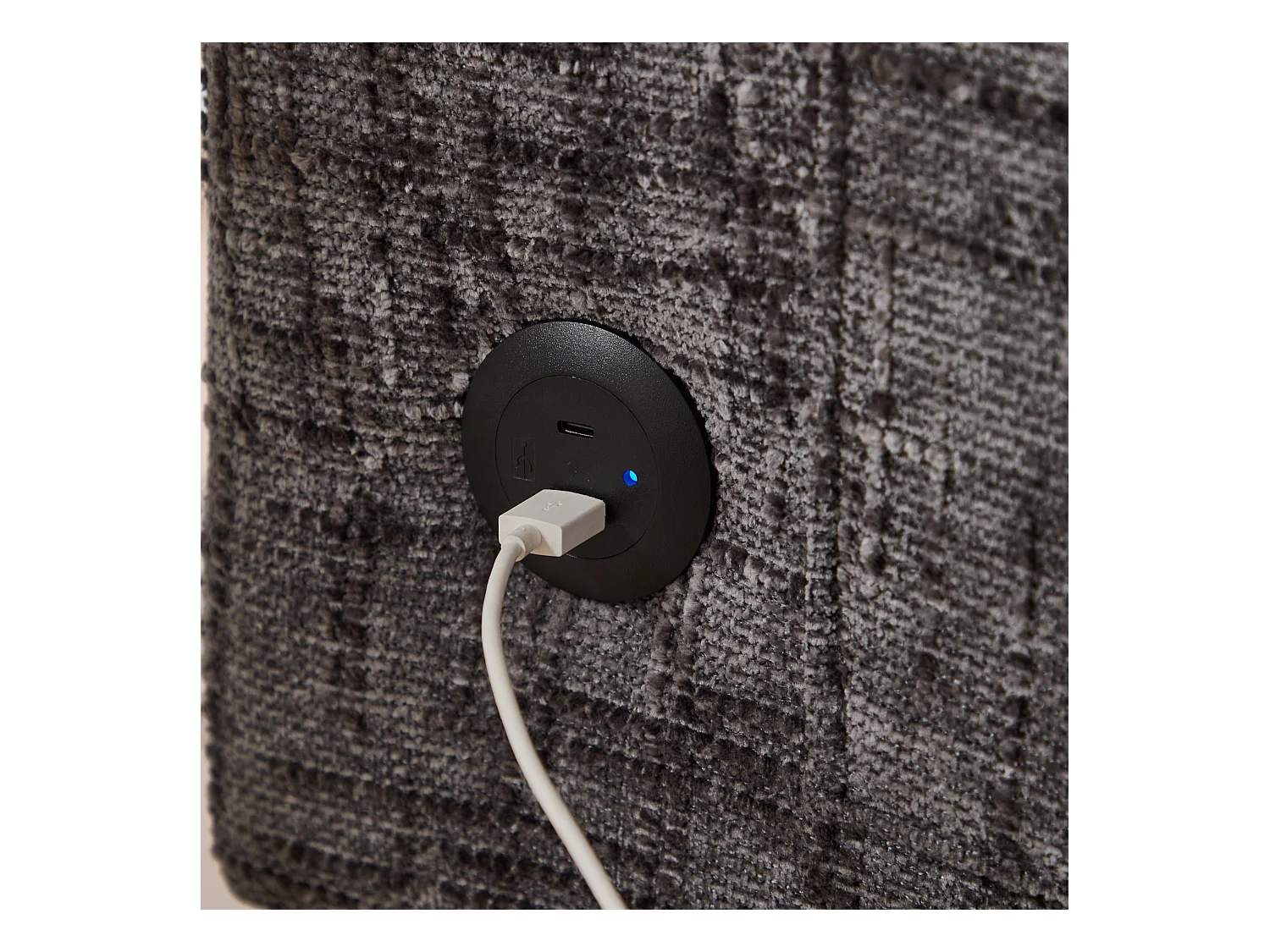 Canapé 2 places avec éclairage LED et port USB, pieds en bois - tissu chenille gris