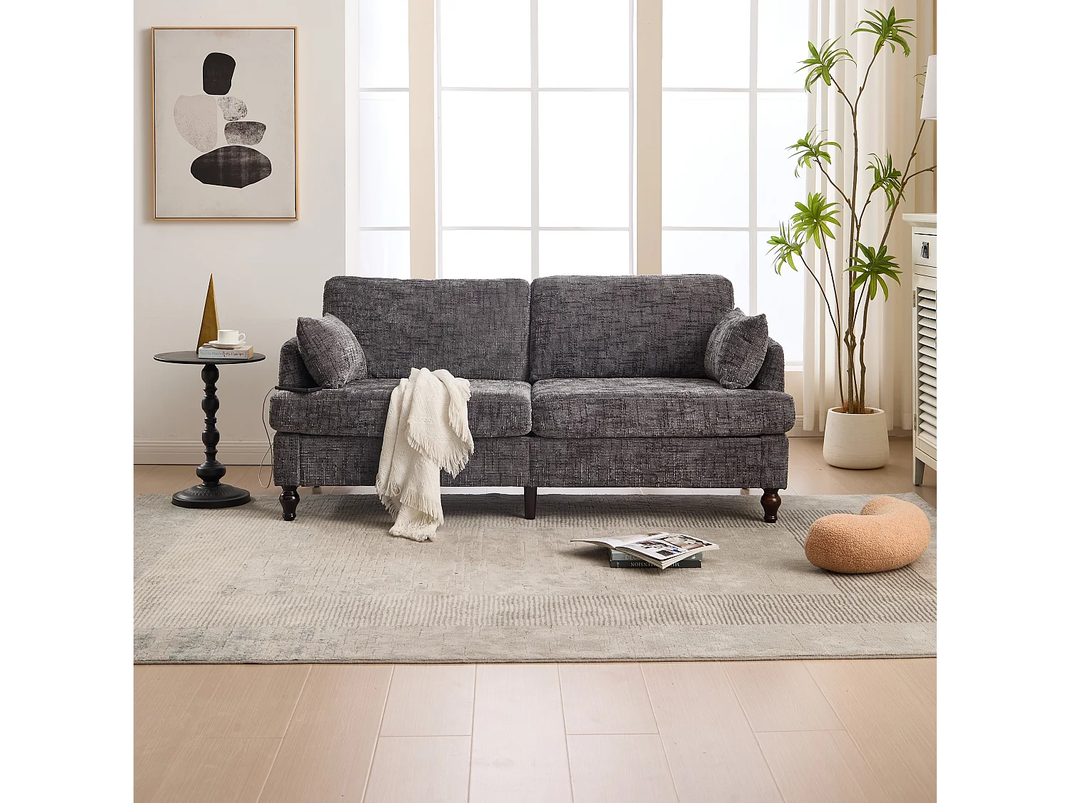 Canapé 2 places avec éclairage LED et port USB, pieds en bois - tissu chenille gris