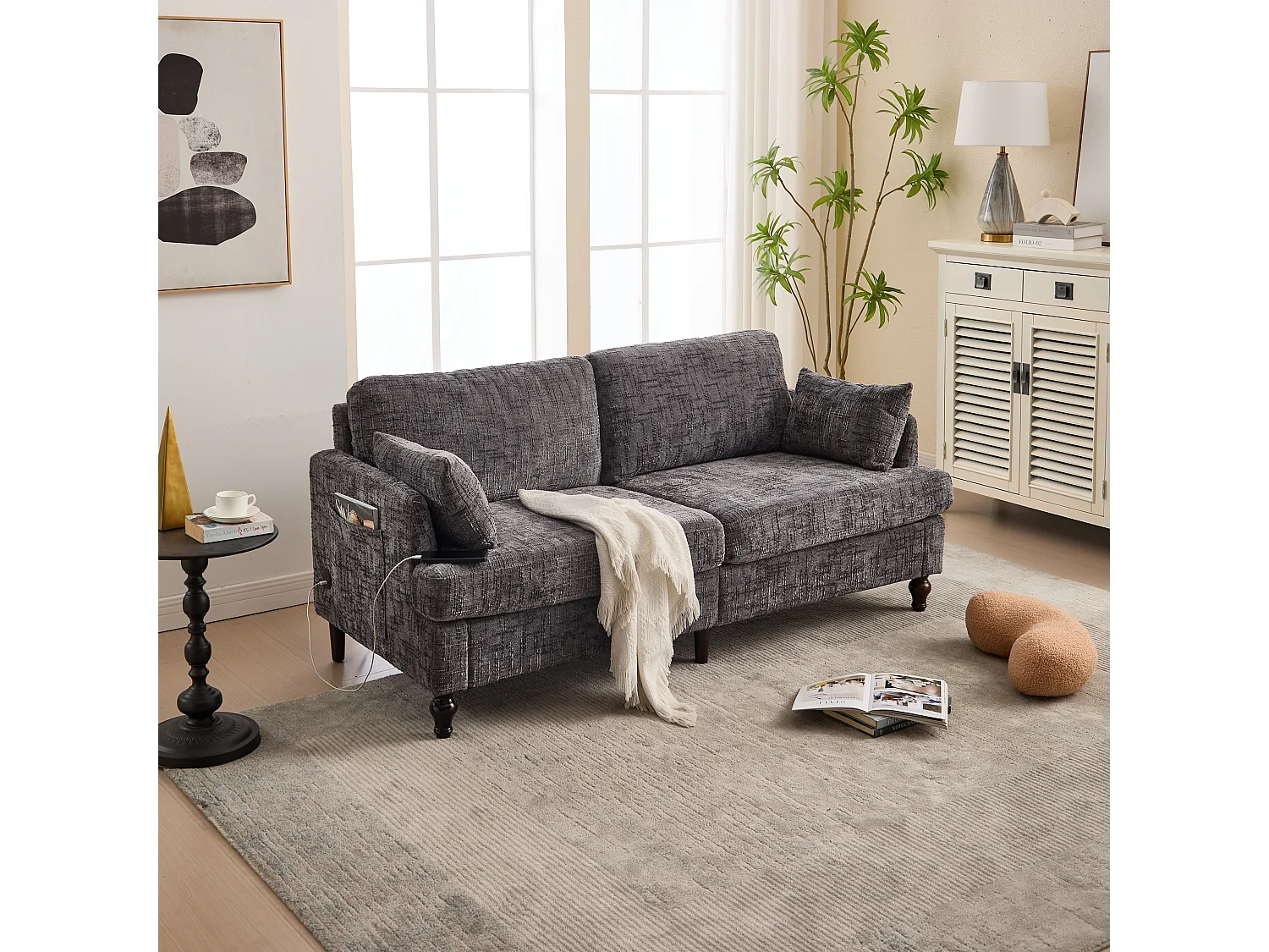 Canapé 2 places avec éclairage LED et port USB, pieds en bois - tissu chenille gris