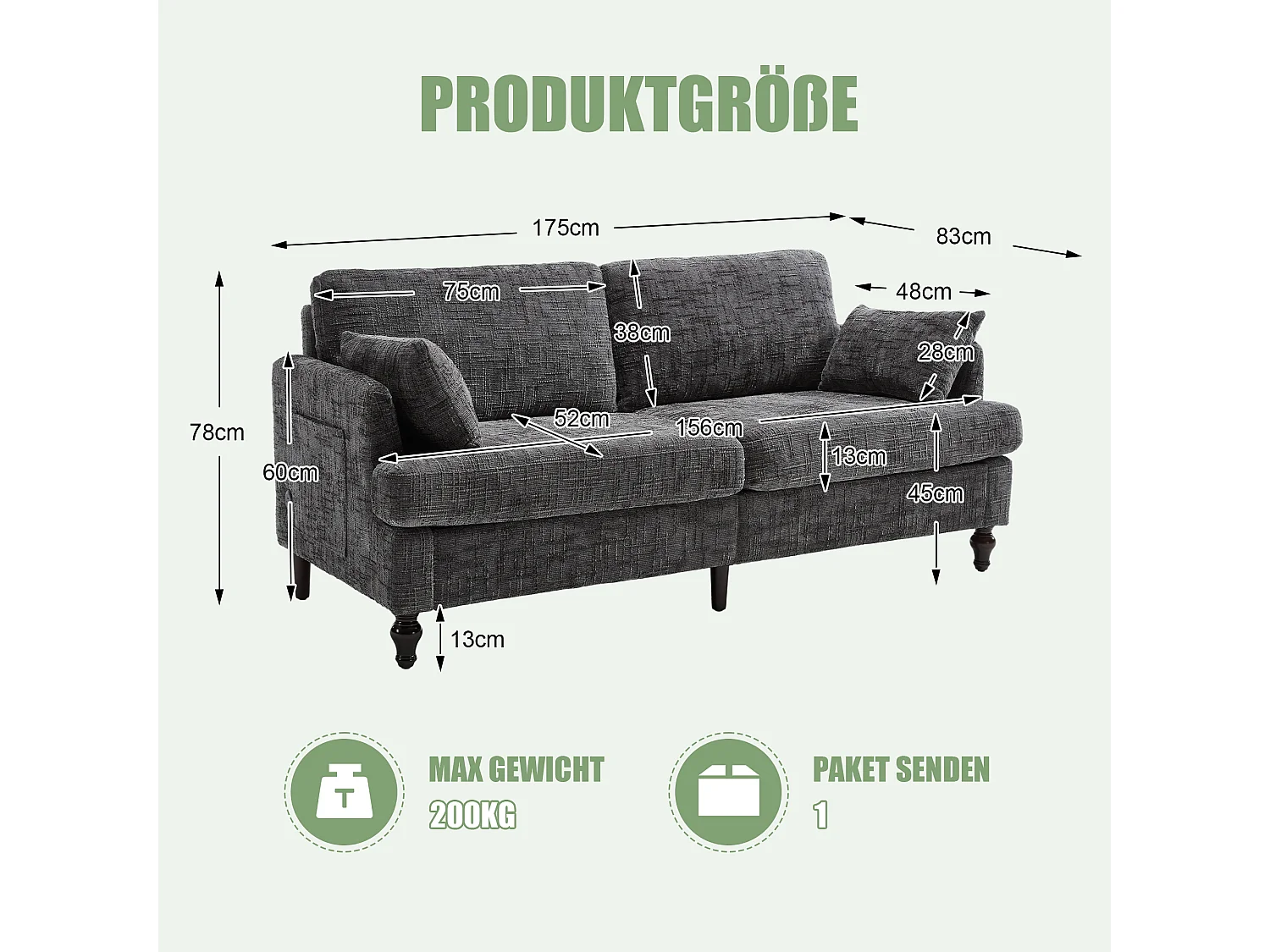 Canapé 2 places avec éclairage LED et port USB, pieds en bois - tissu chenille gris