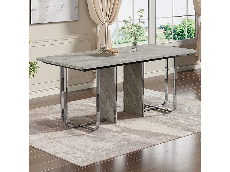 Table à manger rectangulaire avec plateau gris et métal argenté - pour 6 à 8 personnes