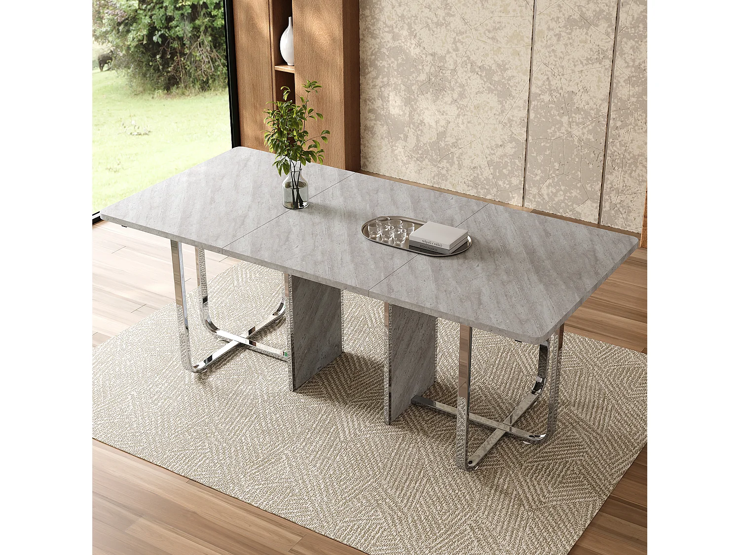 Table à manger rectangulaire avec plateau gris et métal argenté - pour 6 à 8 personnes
