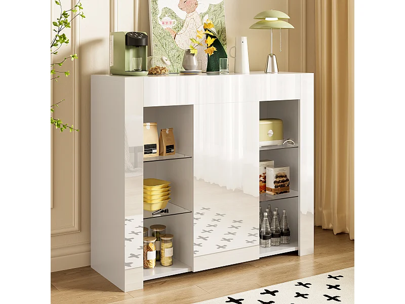 Wit buffet met glazen planken en 1 deur – voor woonkamer en eetkamer