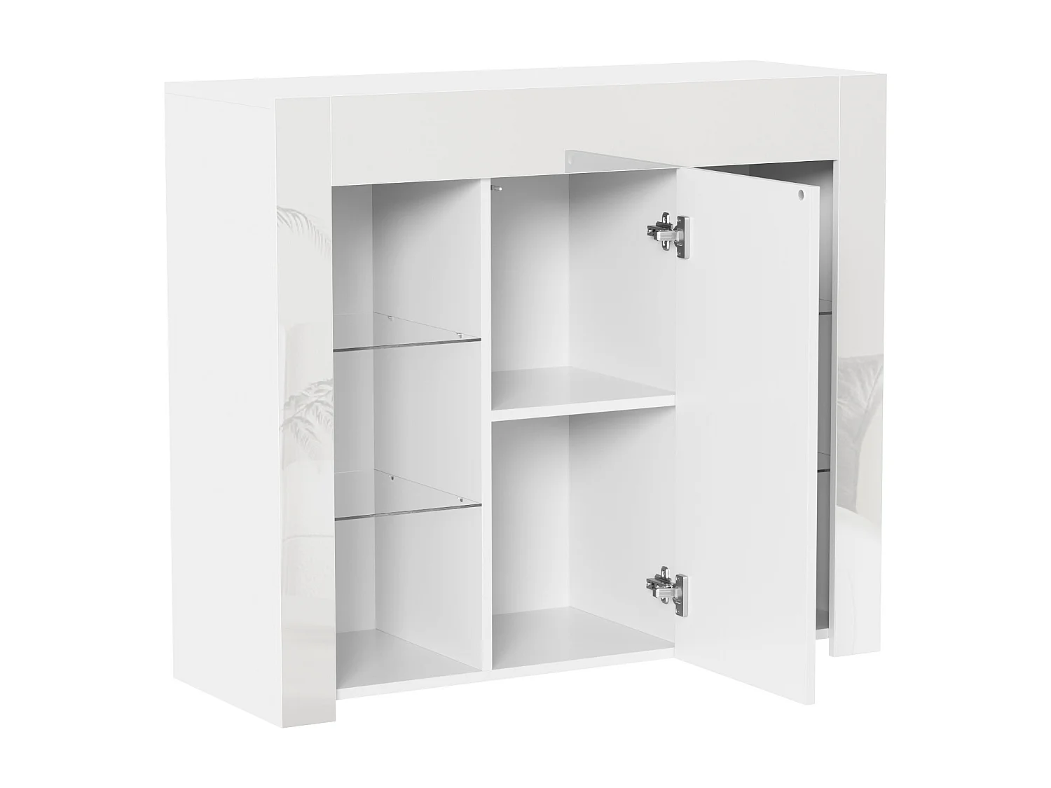 Buffet blanc avec étagères en verre et 1 porte - pour salon et salle à manger