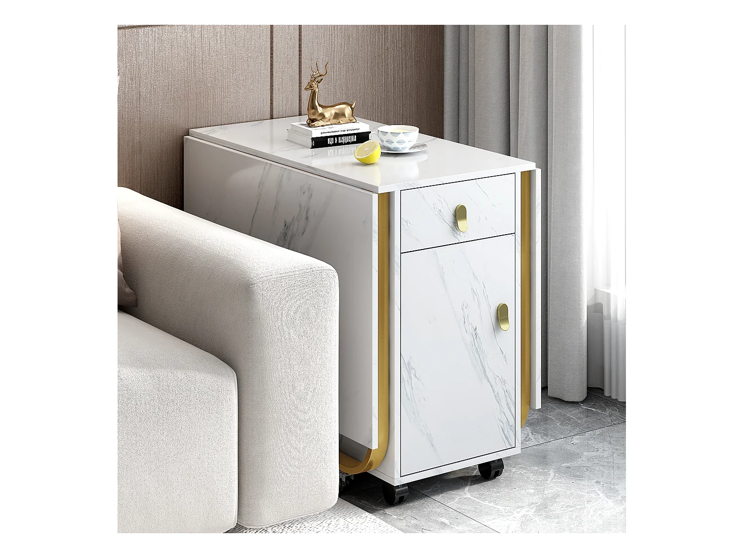 Table à manger pliante avec 2 tiroirs et 2 portes, mobile sur roulettes - blanc et or