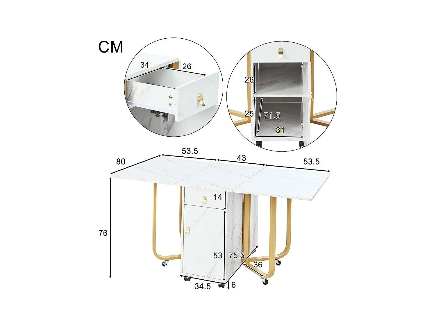 Table à manger pliante avec 2 tiroirs et 2 portes, mobile sur roulettes - blanc et or