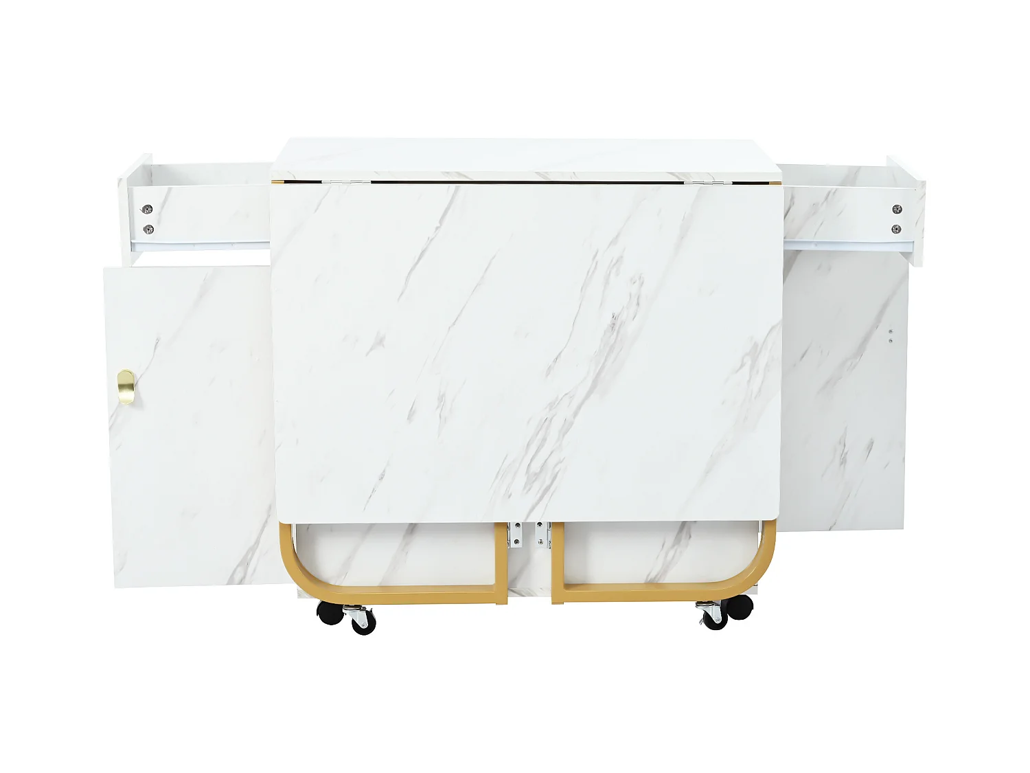 Uitschuifbare eettafel met 2 lades en 2 deuren, verrijdbaar op wieltjes - wit en goudkleurig