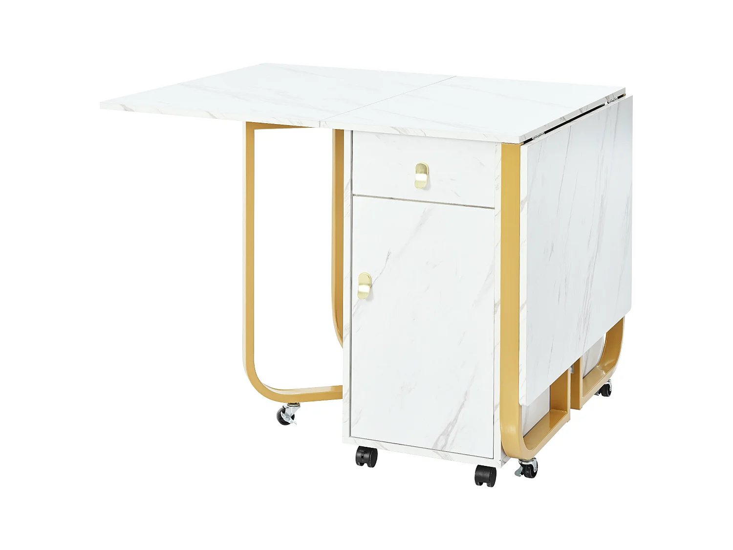 Uitschuifbare eettafel met 2 lades en 2 deuren, verrijdbaar op wieltjes - wit en goudkleurig