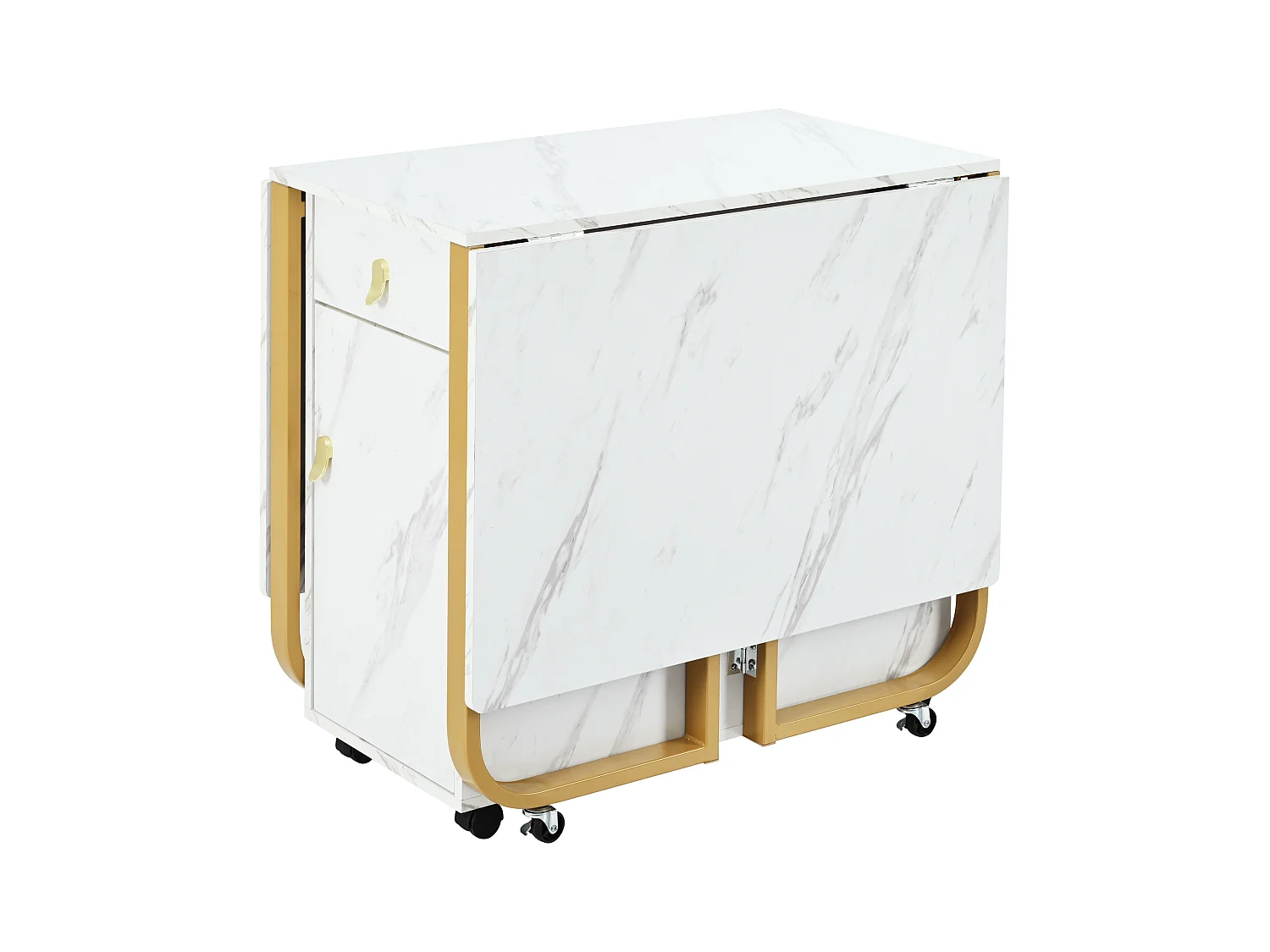 Uitschuifbare eettafel met 2 lades en 2 deuren, verrijdbaar op wieltjes - wit en goudkleurig
