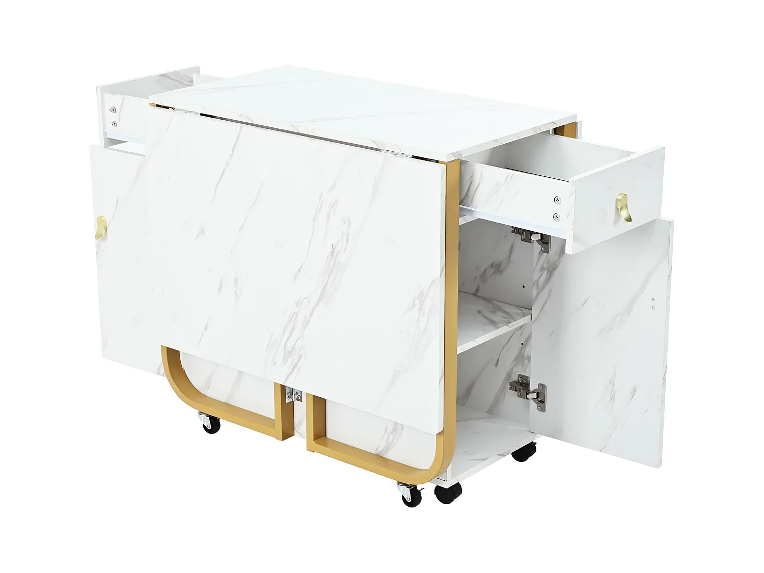 Uitschuifbare eettafel met 2 lades en 2 deuren, verrijdbaar op wieltjes - wit en goudkleurig