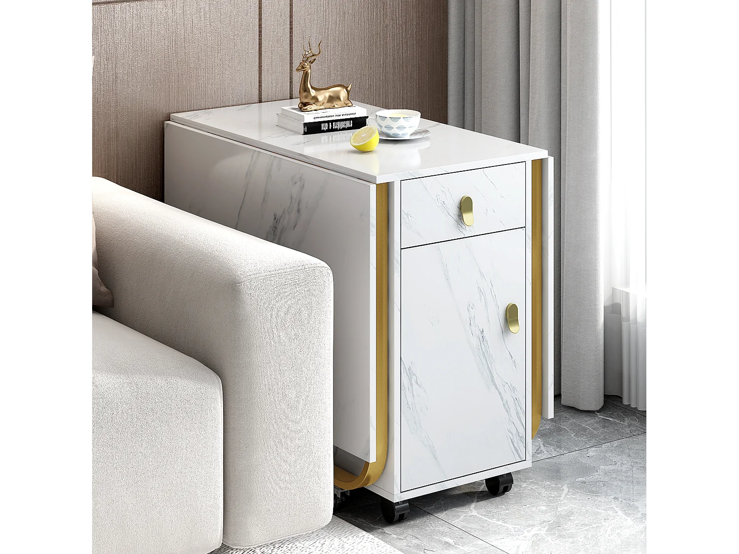 Table à manger pliante avec 2 tiroirs et 2 portes, mobile sur roulettes - blanc et or