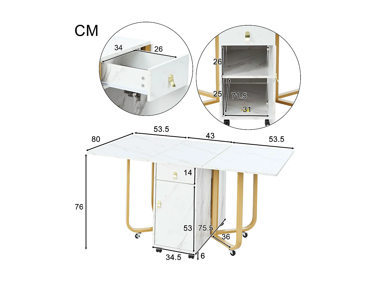 Table à manger pliante avec 2 tiroirs et 2 portes, mobile sur roulettes - blanc et or