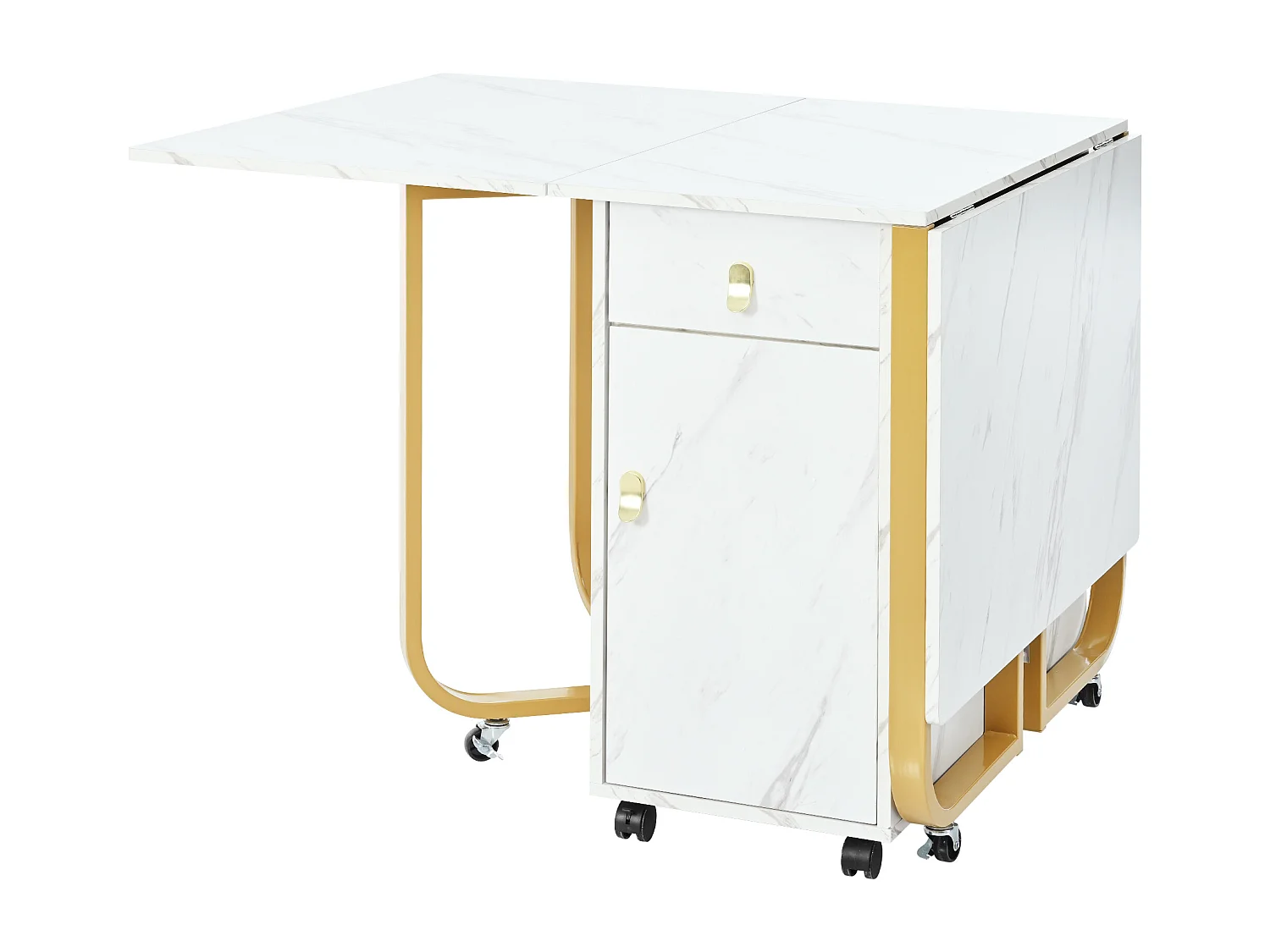Table à manger pliante avec 2 tiroirs et 2 portes, mobile sur roulettes - blanc et or
