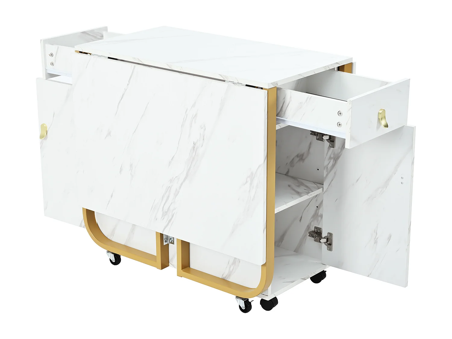 Table à manger pliante avec 2 tiroirs et 2 portes, mobile sur roulettes - blanc et or