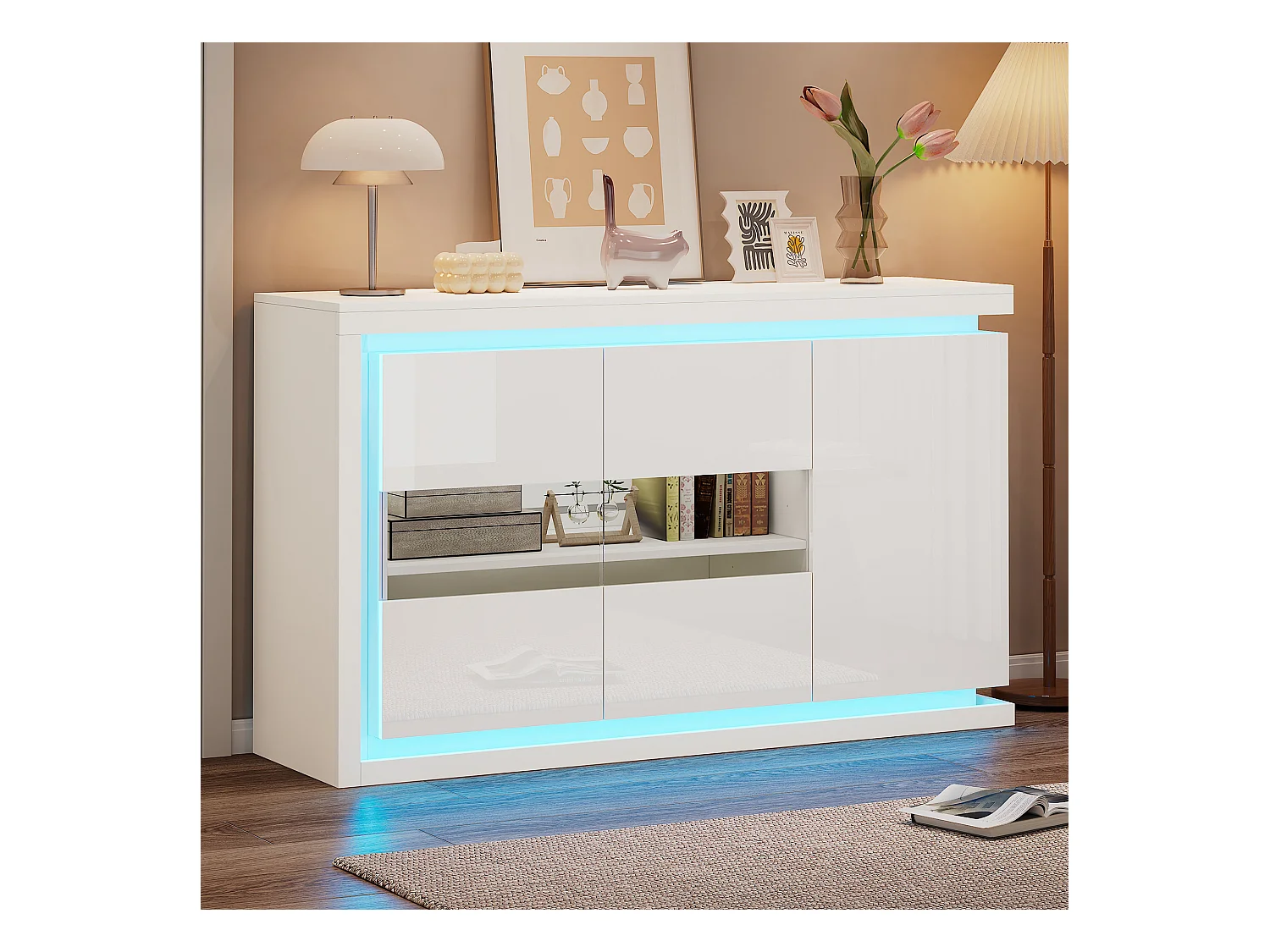 Buffet blanc avec éclairage LED, 3 portes et étagères réglables - pour salons et bureaux