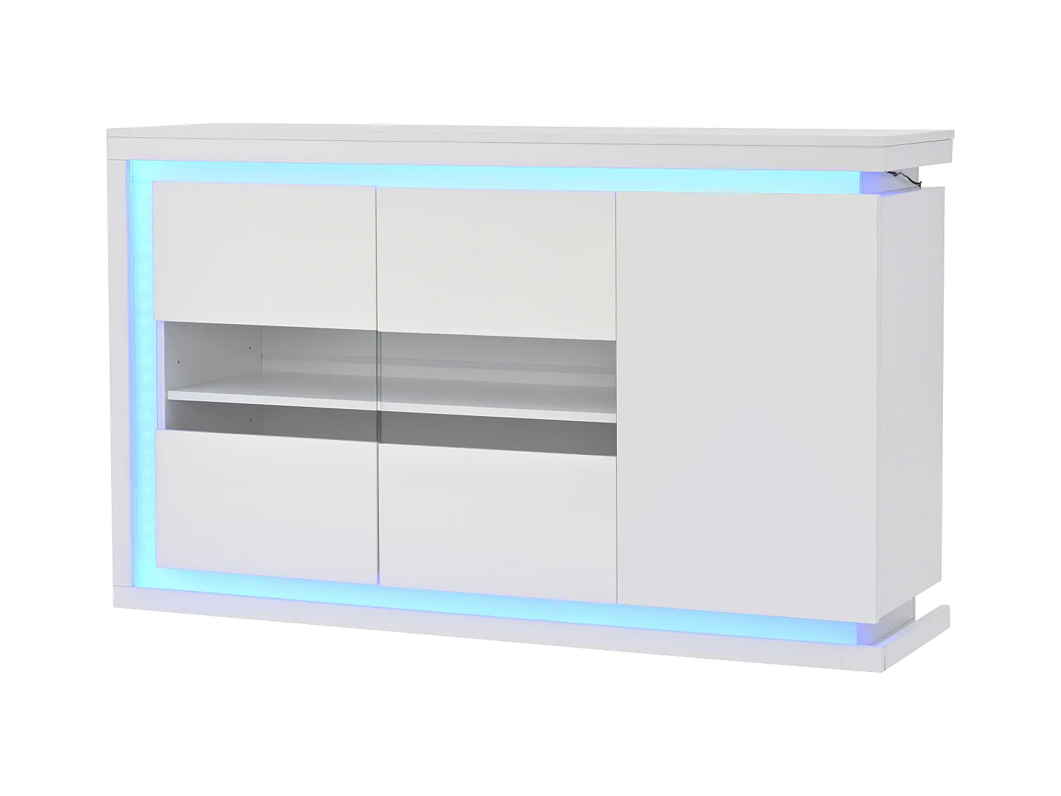 Buffet blanc avec éclairage LED, 3 portes et étagères réglables - pour salons et bureaux