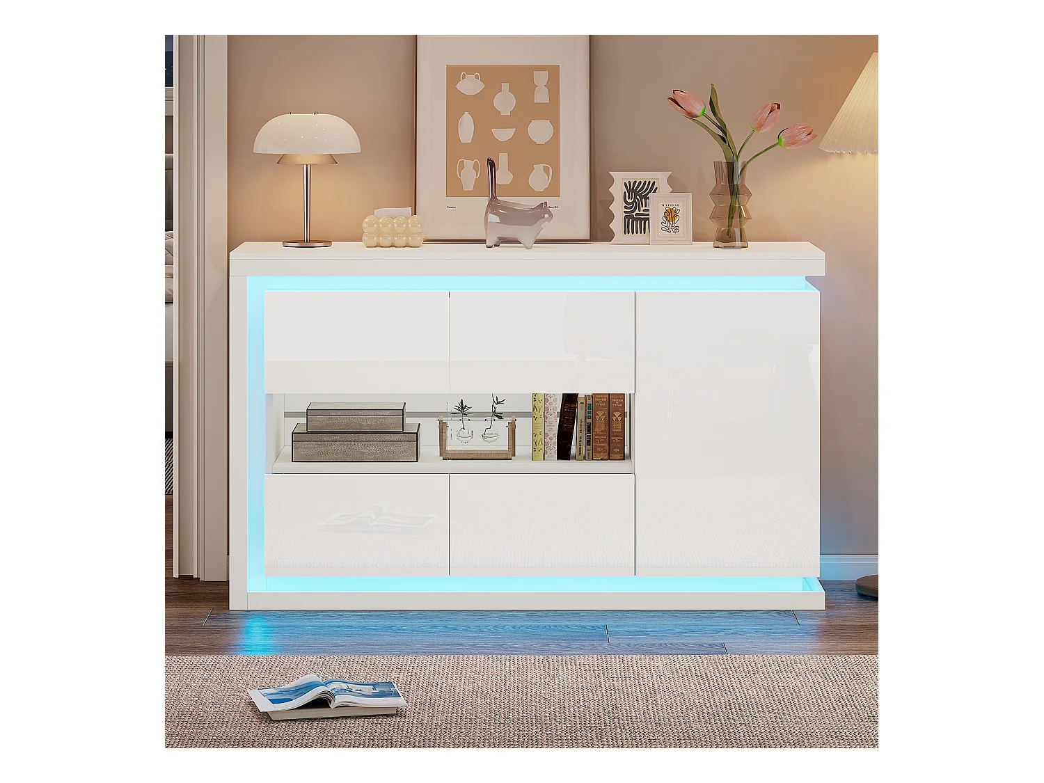 Weißes Sideboard mit LED-Beleuchtung, 3 Türen und verstellbaren Einlegeböden – für Wohnzimmer und Büros
