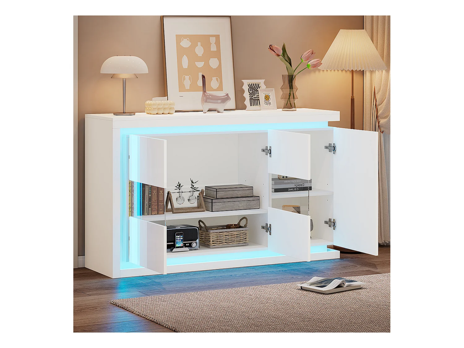 Weißes Sideboard mit LED-Beleuchtung, 3 Türen und verstellbaren Einlegeböden – für Wohnzimmer und Büros