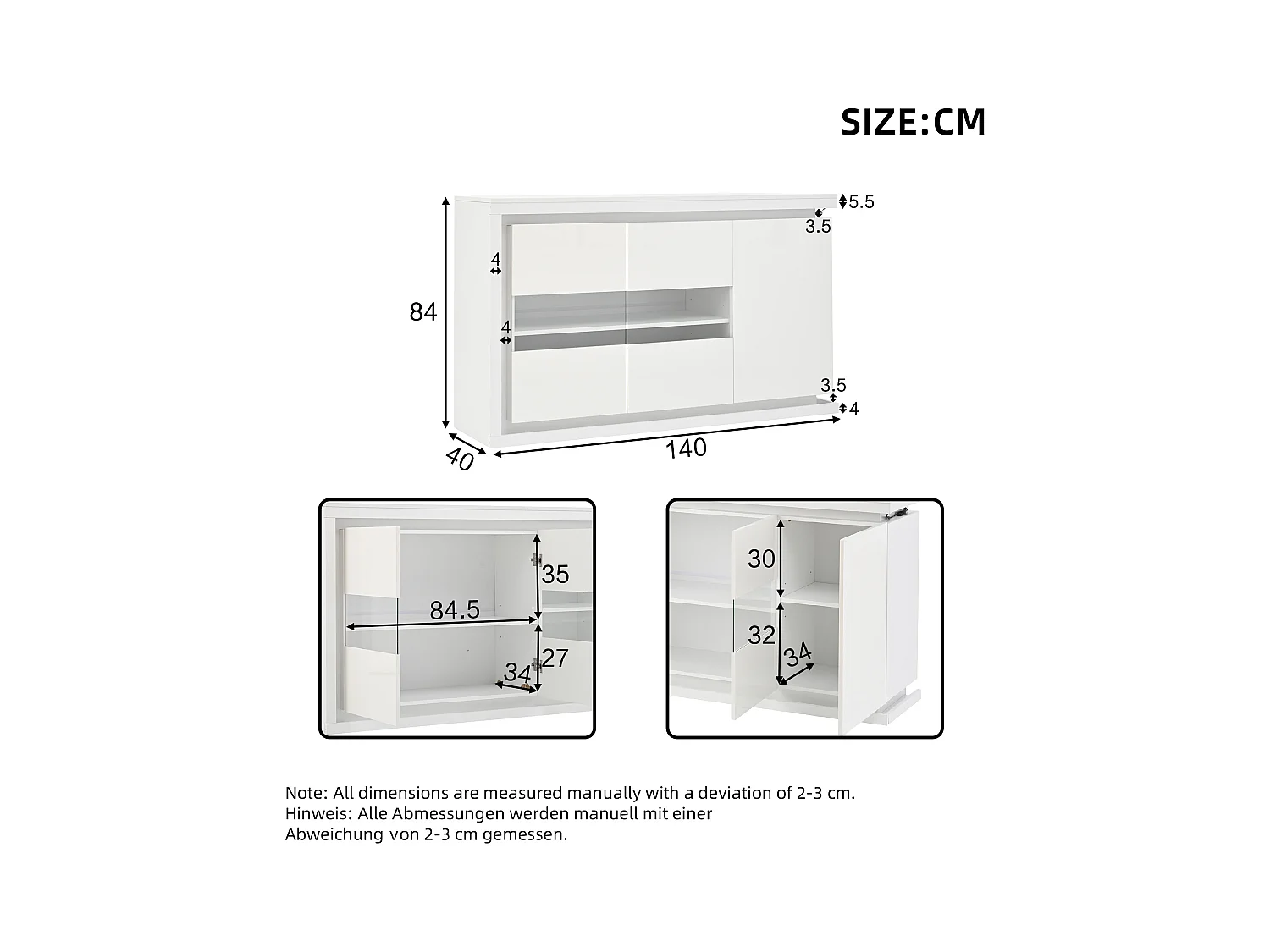 Weißes Sideboard mit LED-Beleuchtung, 3 Türen und verstellbaren Einlegeböden – für Wohnzimmer und Büros
