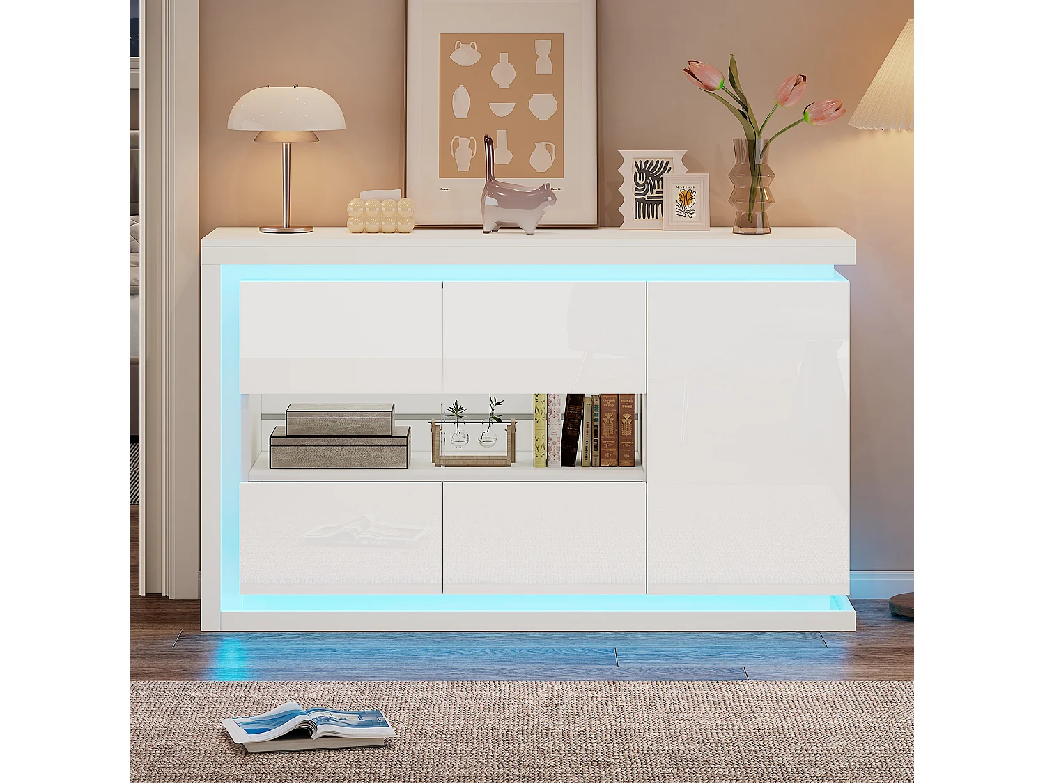 Buffet blanc avec éclairage LED, 3 portes et étagères réglables - pour salons et bureaux