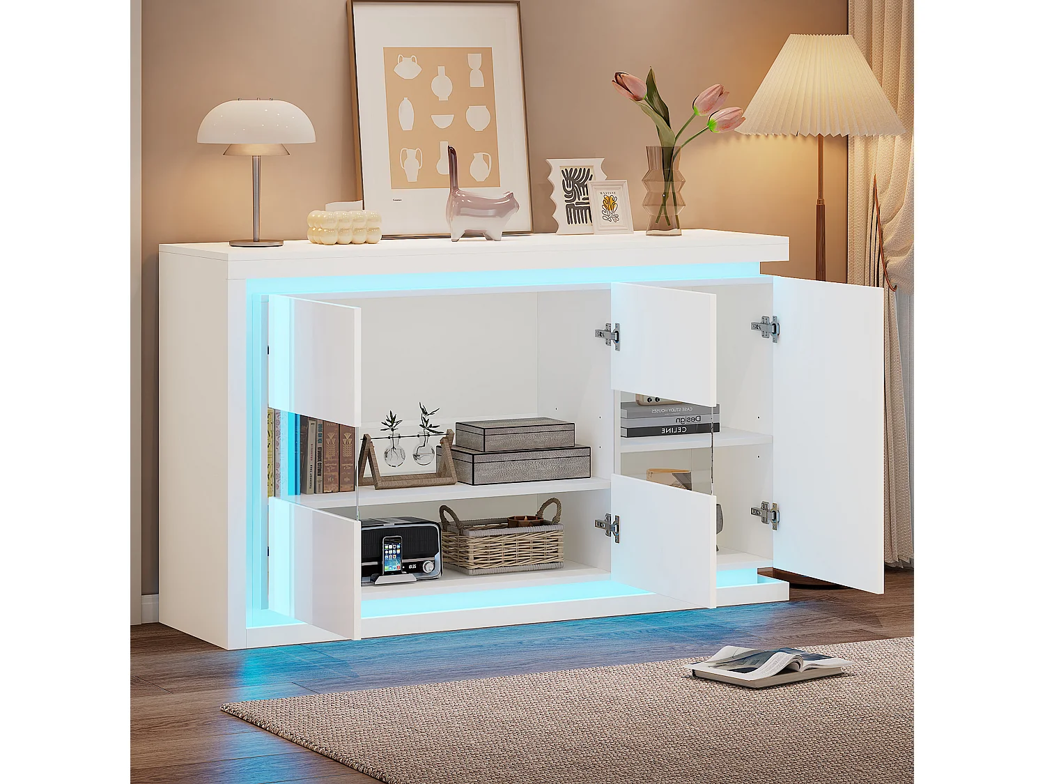 Buffet blanc avec éclairage LED, 3 portes et étagères réglables - pour salons et bureaux