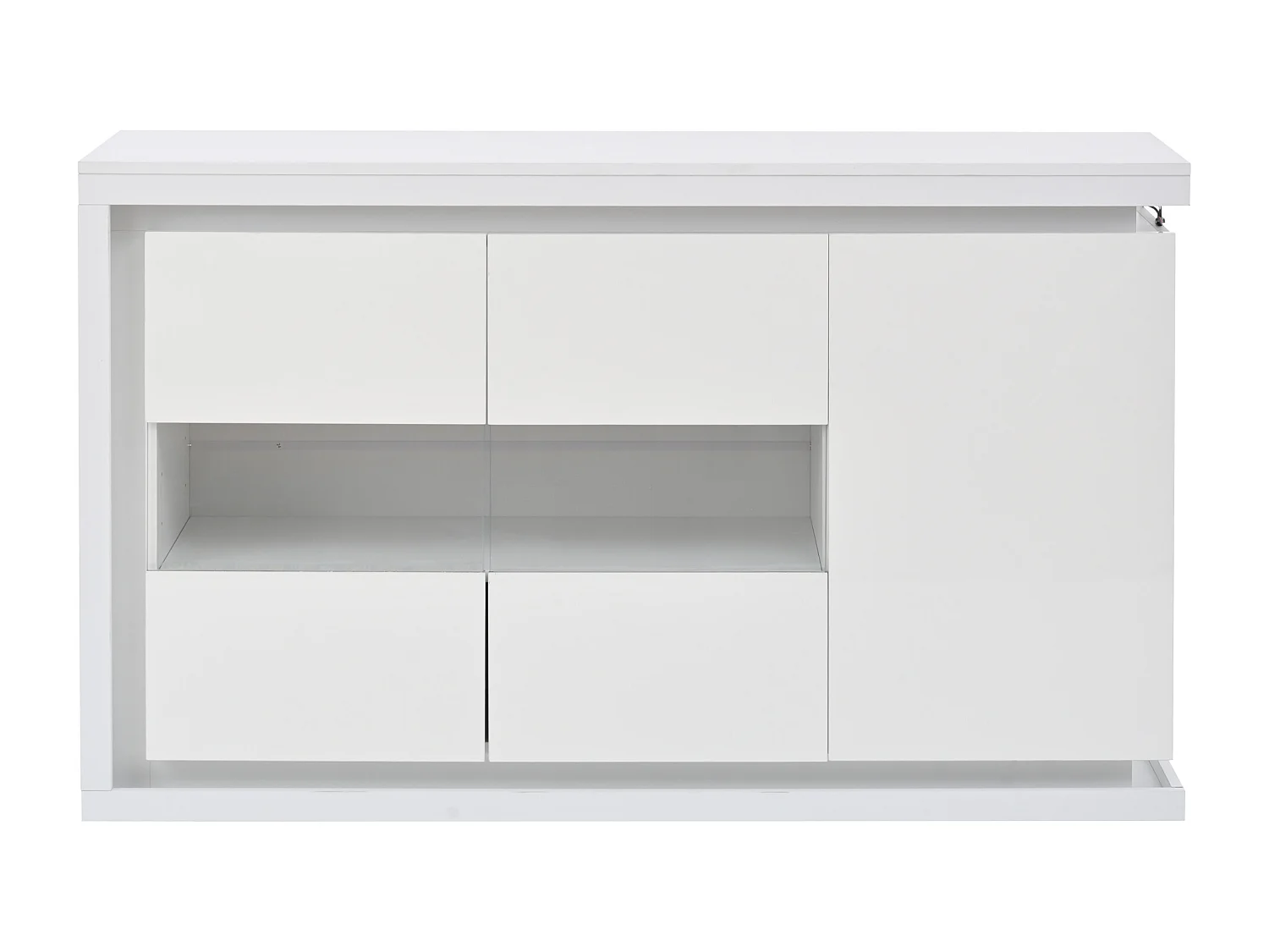 Buffet blanc avec éclairage LED, 3 portes et étagères réglables - pour salons et bureaux