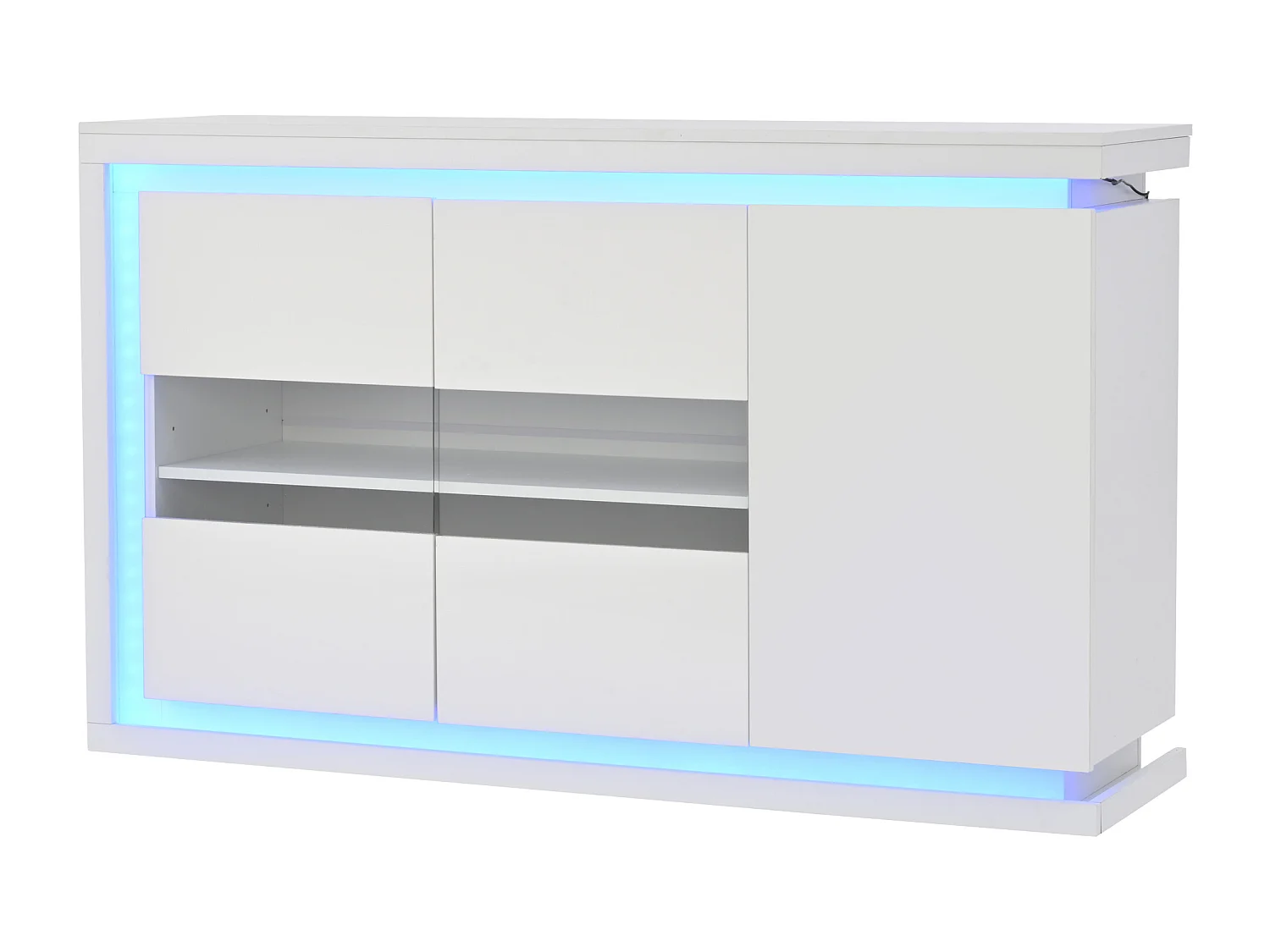 Buffet blanc avec éclairage LED, 3 portes et étagères réglables - pour salons et bureaux